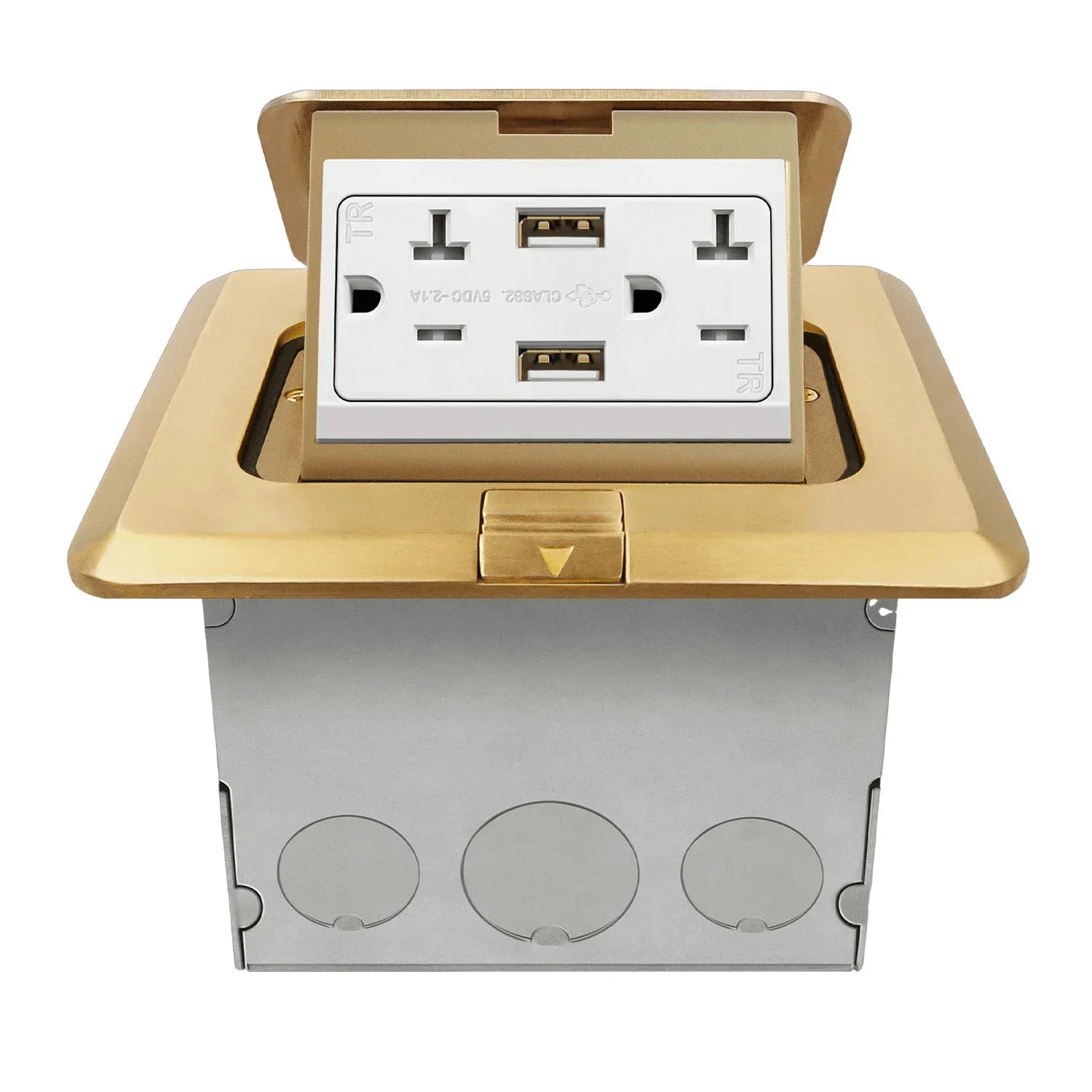 Square Pop-Up Floor Outlet Box, 20 Amp Duplex Receptacle with 2.1A USB Charger, Brass - Bees Lighting