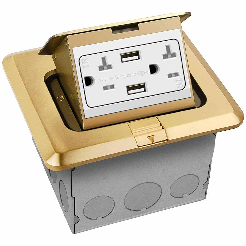 Square Pop-Up Floor Outlet Box, 20 Amp Duplex Receptacle with 2.1A USB Charger, Brass - Bees Lighting