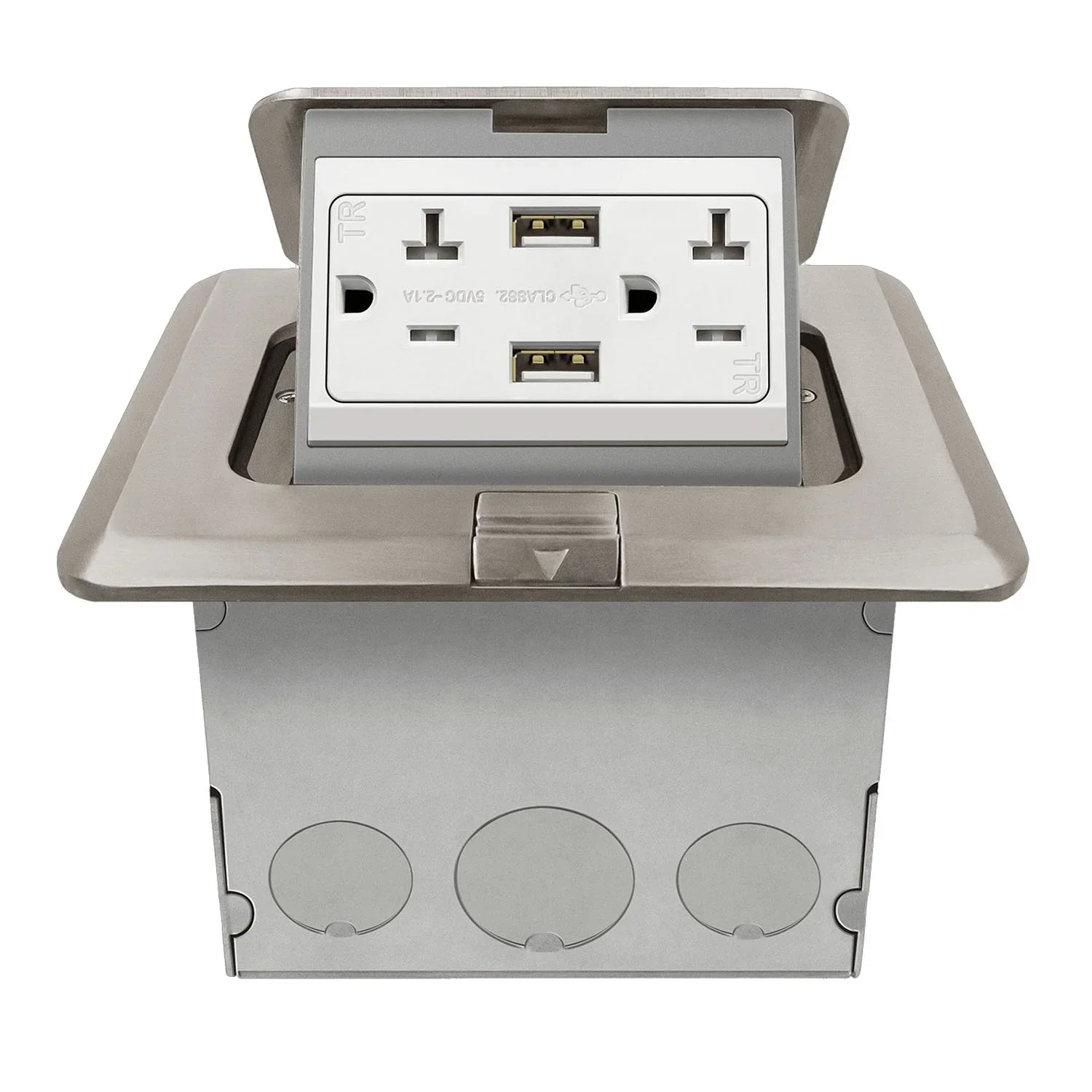 Square Pop-Up Floor Outlet Box, 20 Amp Duplex Receptacle with 2.1A USB Charger, Nickel - Bees Lighting