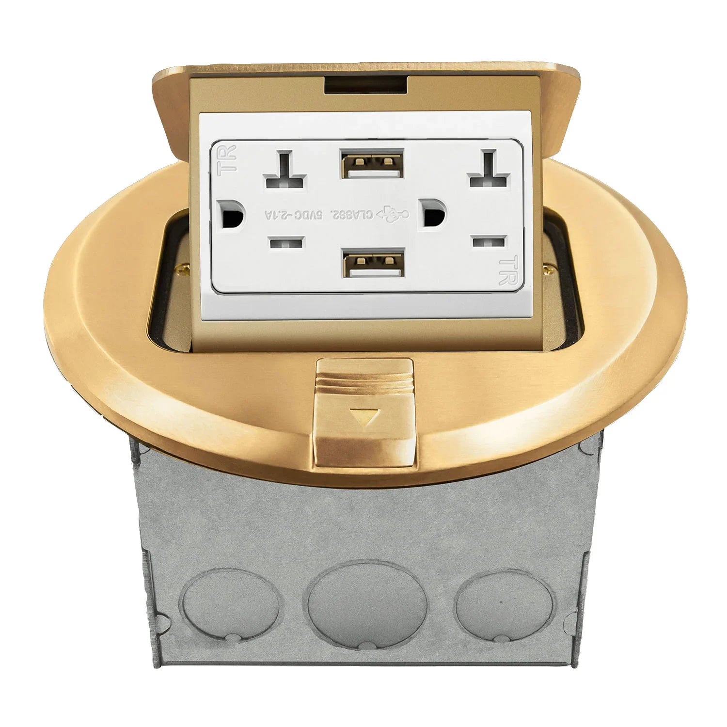 Round Pop-Up Floor Outlet Box, 20 Amp Duplex Receptacle with 2.1A USB Charger, Brass - Bees Lighting