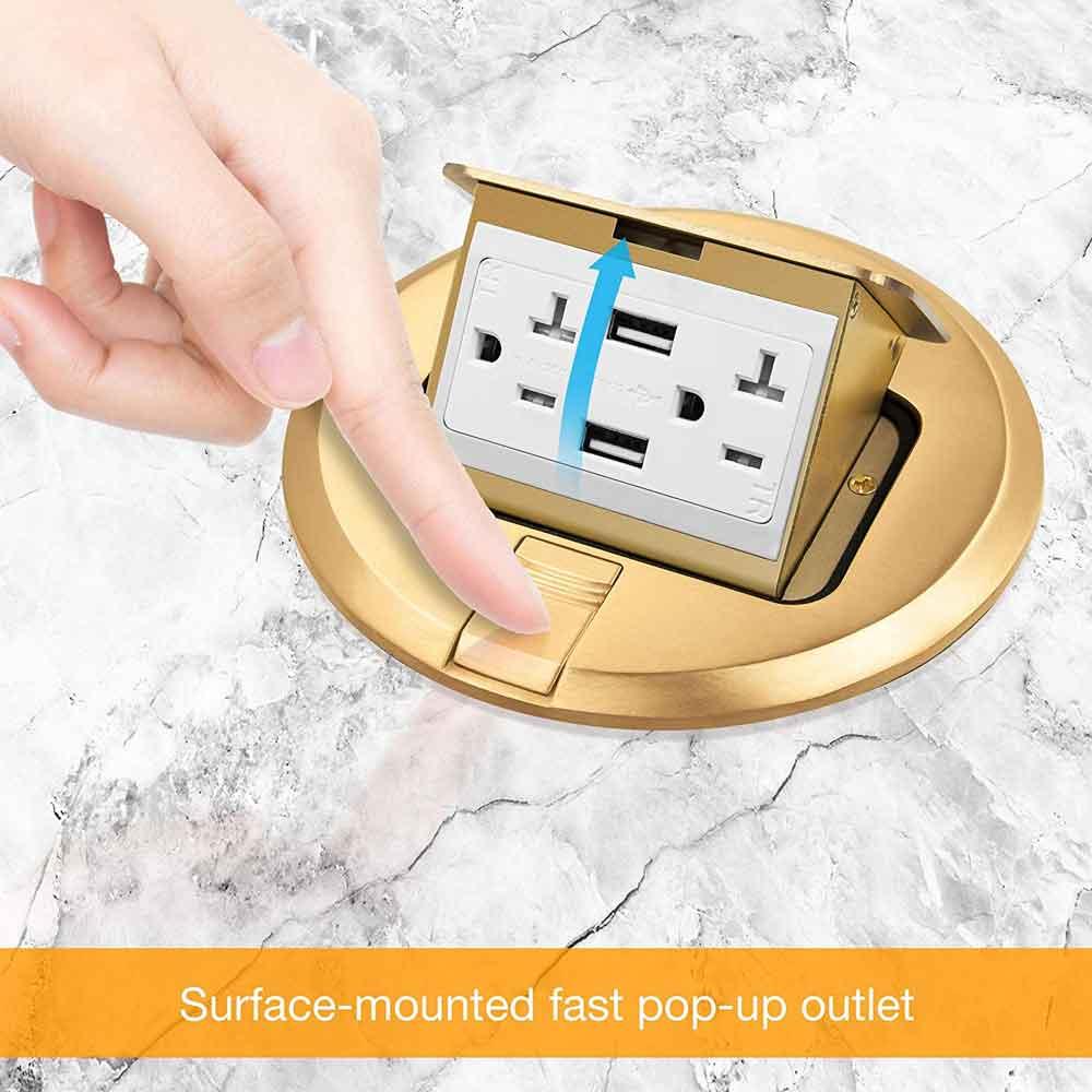 Round Pop-Up Floor Outlet Box, 20 Amp Duplex Receptacle with 2.1A USB Charger, Brass - Bees Lighting