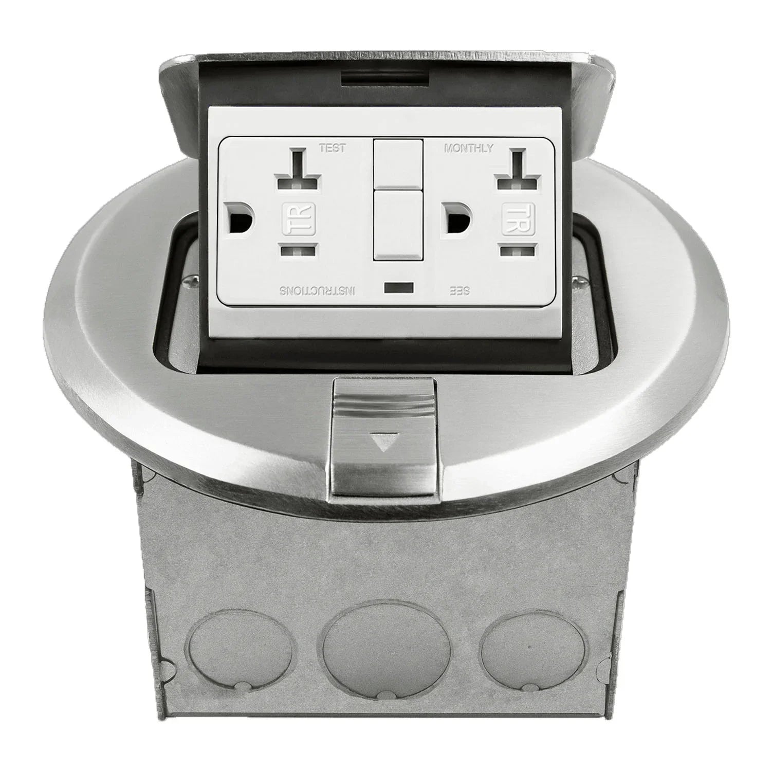 Round Pop-Up Floor Box with 20 Amp GFCI Receptacle, Nickel - Bees Lighting