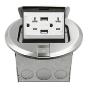 Round Pop-Up Floor Outlet Box, 20 Amp Duplex Receptacle with 2.1A USB Charger, Nickel - Bees Lighting