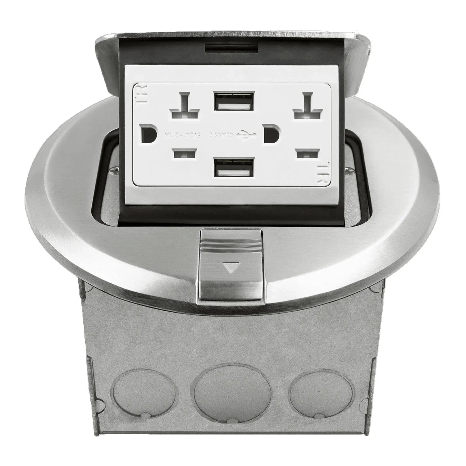 Round Pop-Up Floor Outlet Box, 20 Amp Duplex Receptacle with 2.1A USB Charger, Nickel - Bees Lighting