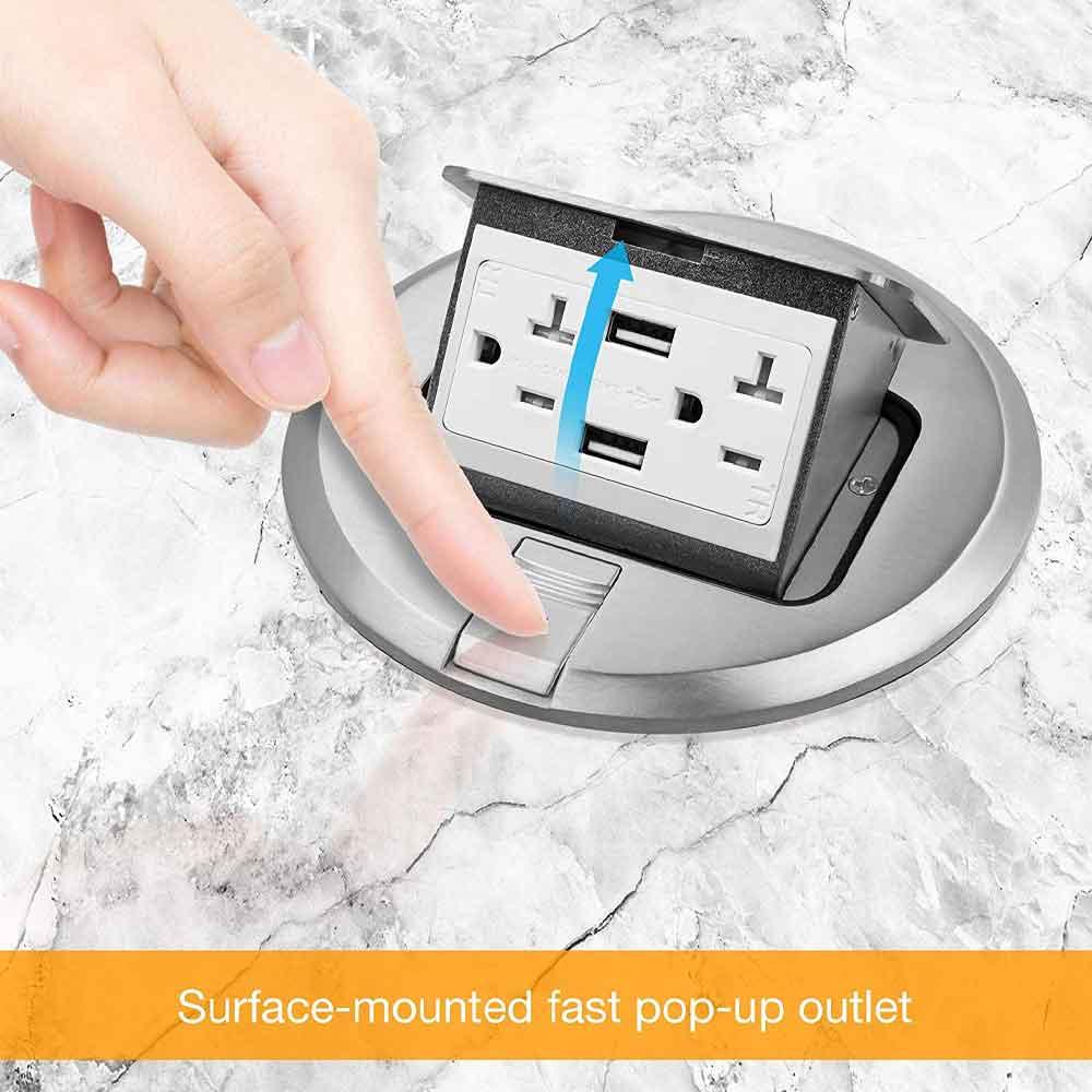 Round Pop-Up Floor Outlet Box, 20 Amp Duplex Receptacle with 2.1A USB Charger, Nickel - Bees Lighting