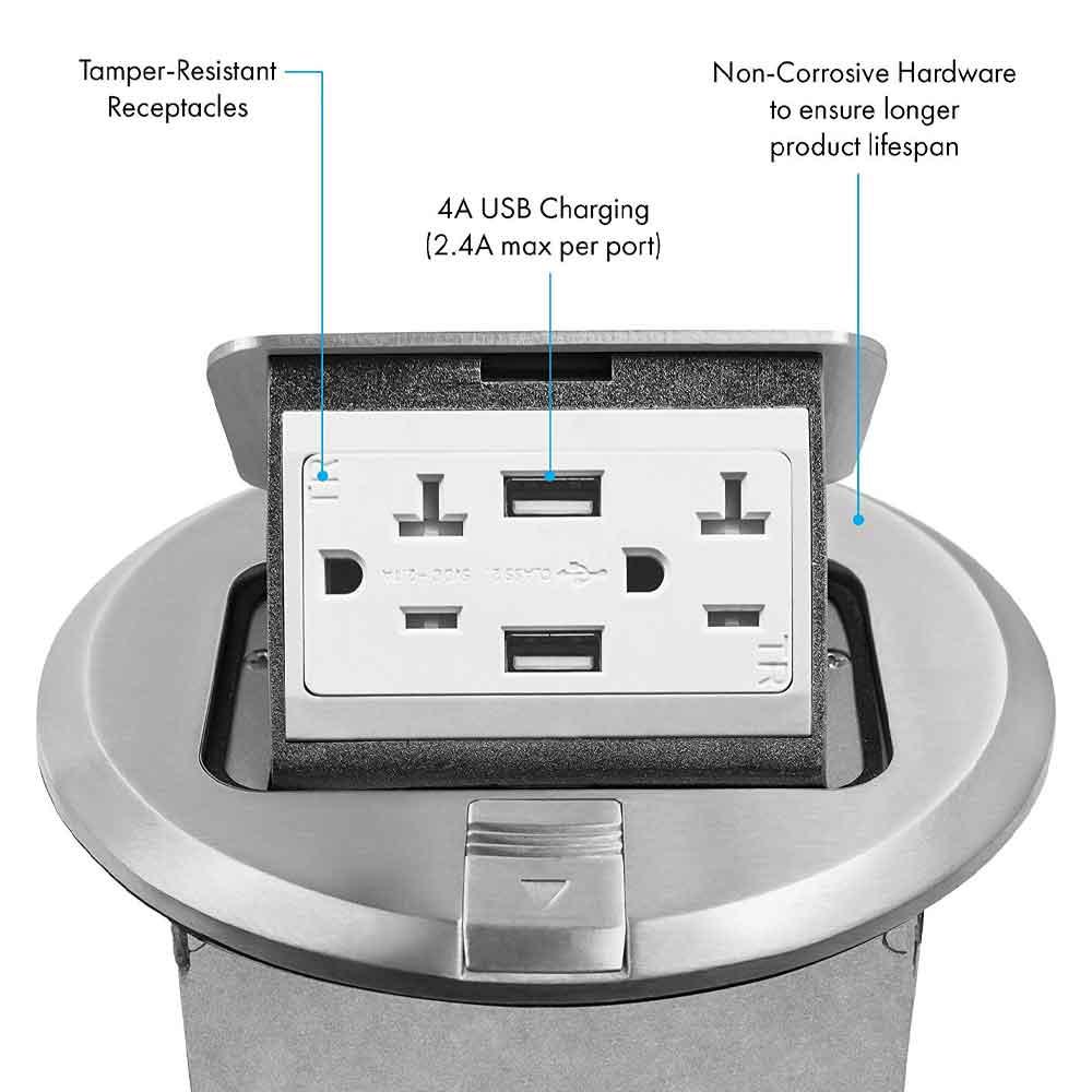Round Pop-Up Floor Outlet Box, 20 Amp Duplex Receptacle with 2.1A USB Charger, Nickel - Bees Lighting