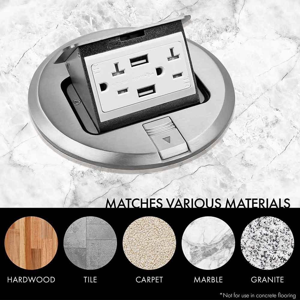 Round Pop-Up Floor Outlet Box, 20 Amp Duplex Receptacle with 2.1A USB Charger, Nickel - Bees Lighting