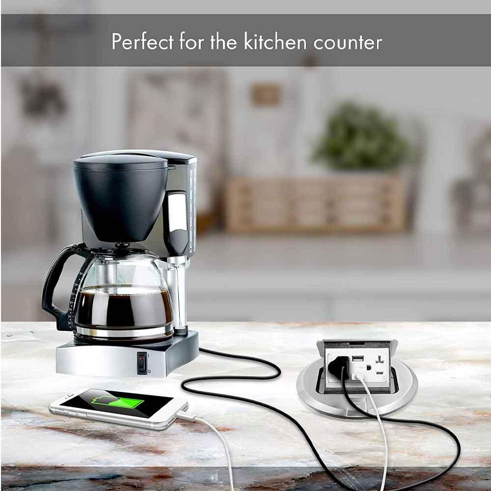 Round Pop-Up Floor Outlet Box, 20 Amp Duplex Receptacle with 2.1A USB Charger, Nickel - Bees Lighting