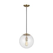 Leo Hanging Globe 12" LED Large Pendant, Satin Brass Finish with Clear Seeded Glass - Bees Lighting