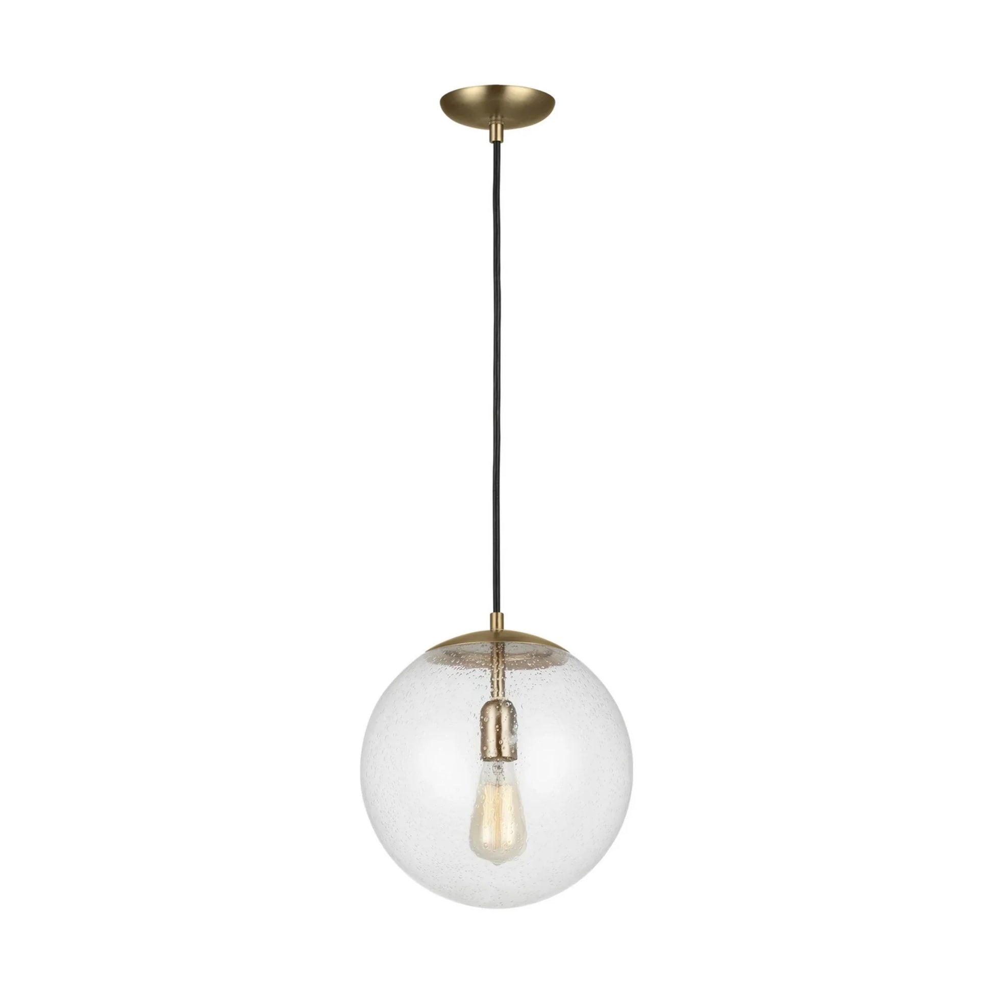 Leo Hanging Globe 12" LED Large Pendant, Satin Brass Finish with Clear Seeded Glass - Bees Lighting