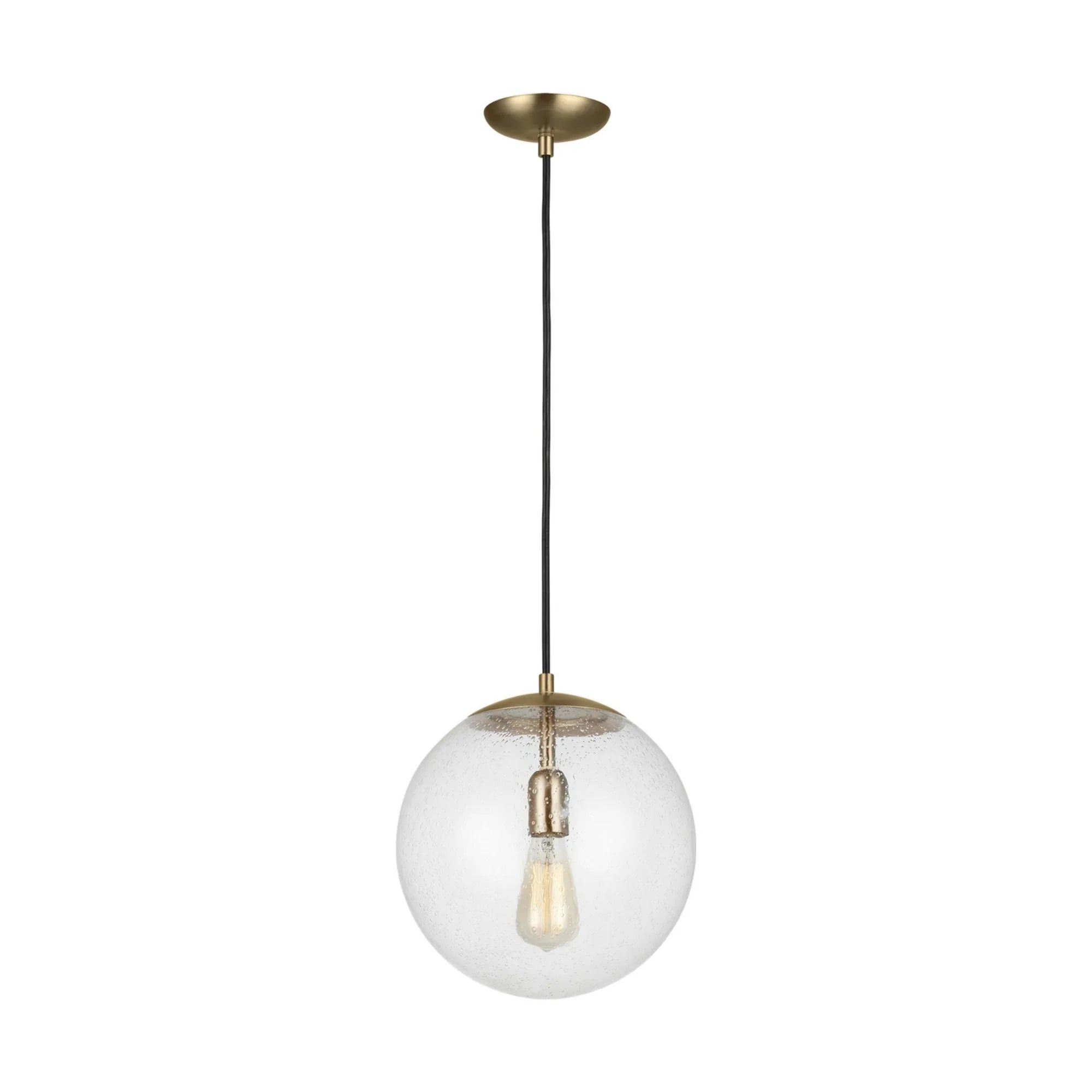 Leo Hanging Globe 12" LED Large Pendant, Satin Brass Finish with Clear Seeded Glass - Bees Lighting