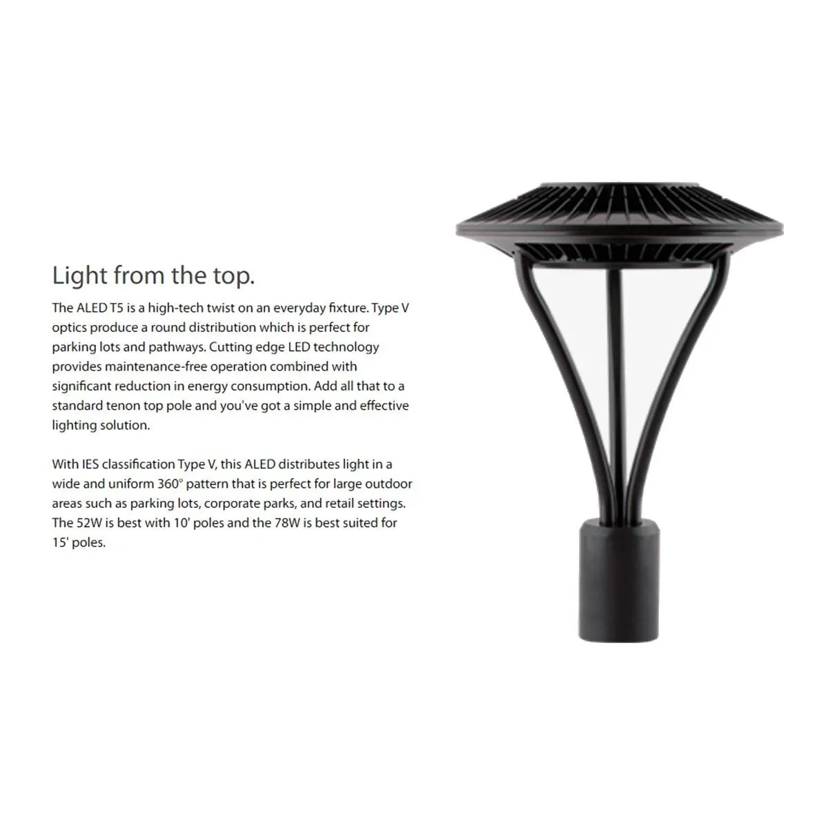 LED Post Top Light, 78 Watts, 9500 Lumens, 5000K, 120-277V, Bronze - Bees Lighting