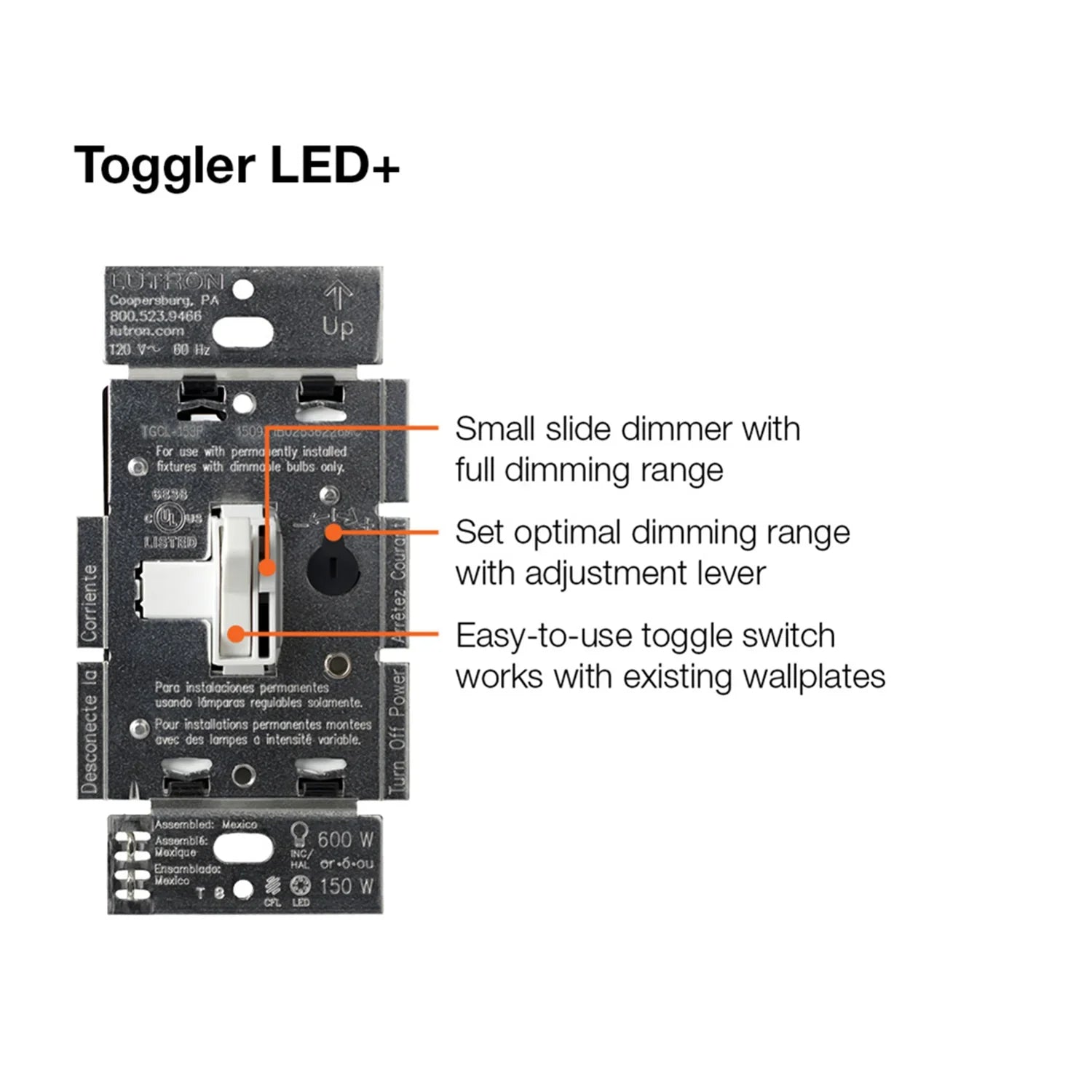 Ariadni Toggler LED+ Dimmer Switch, 150-Watt, Single Pole or 3-Way, White - Bees Lighting