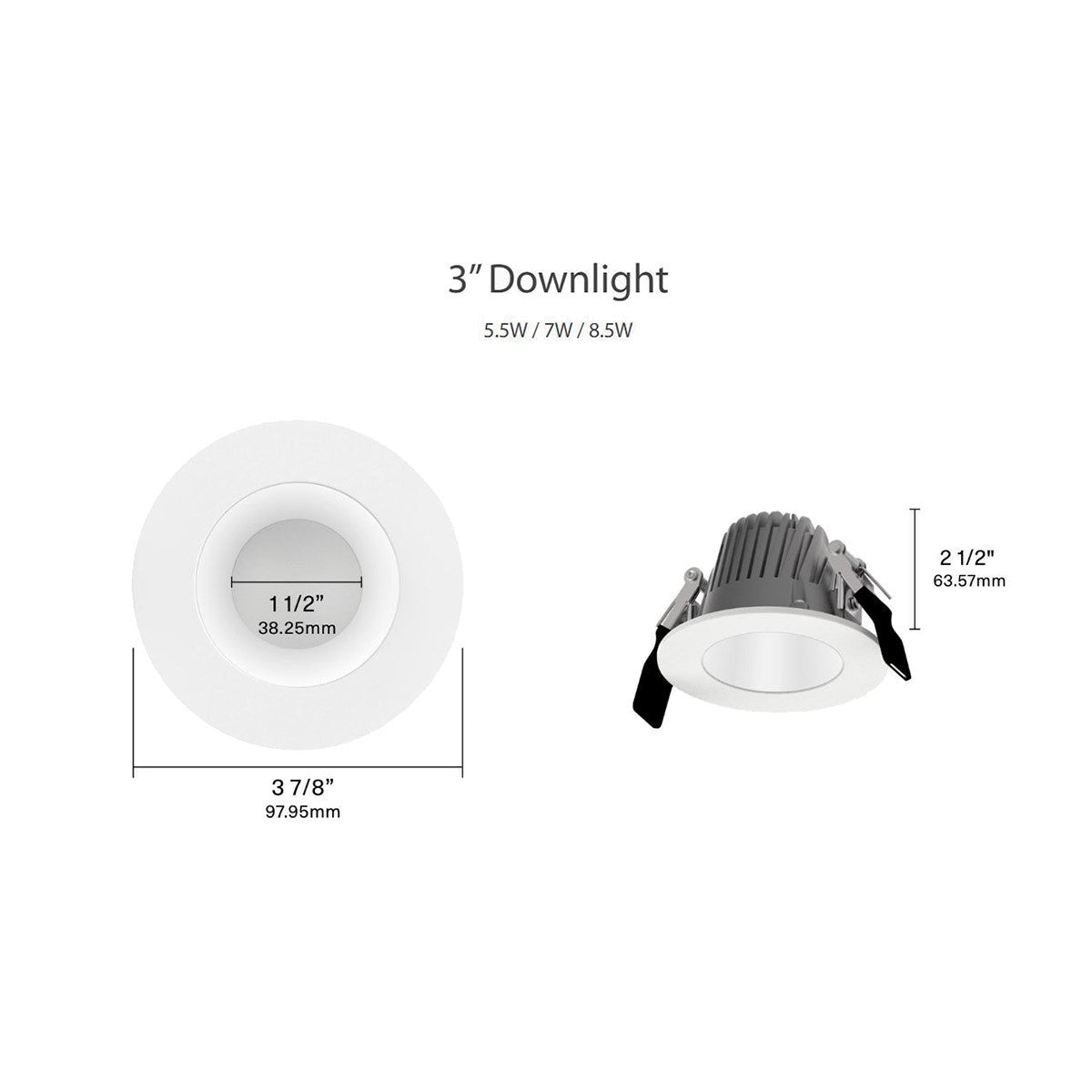 3 Inch LED Deep Regress Commercial Downlight, Field Adjustable 5.5/7.8/8.5W, 380/500/600 Lumens, 30/35/40/50K, Smooth Trim, Matte Silver Finish