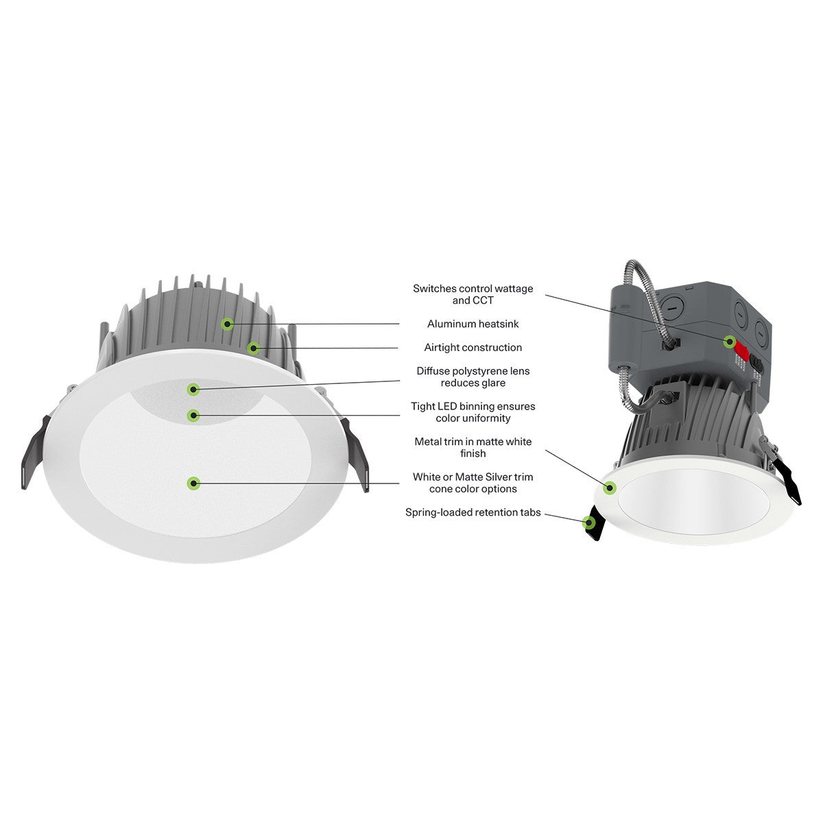 6 Inch LED Deep Regress Commercial Downlight, Field Adjustable 12/18/24W, 1000/1500/2000 Lumens, 30/35/40/50K, Smooth Trim, White Finish