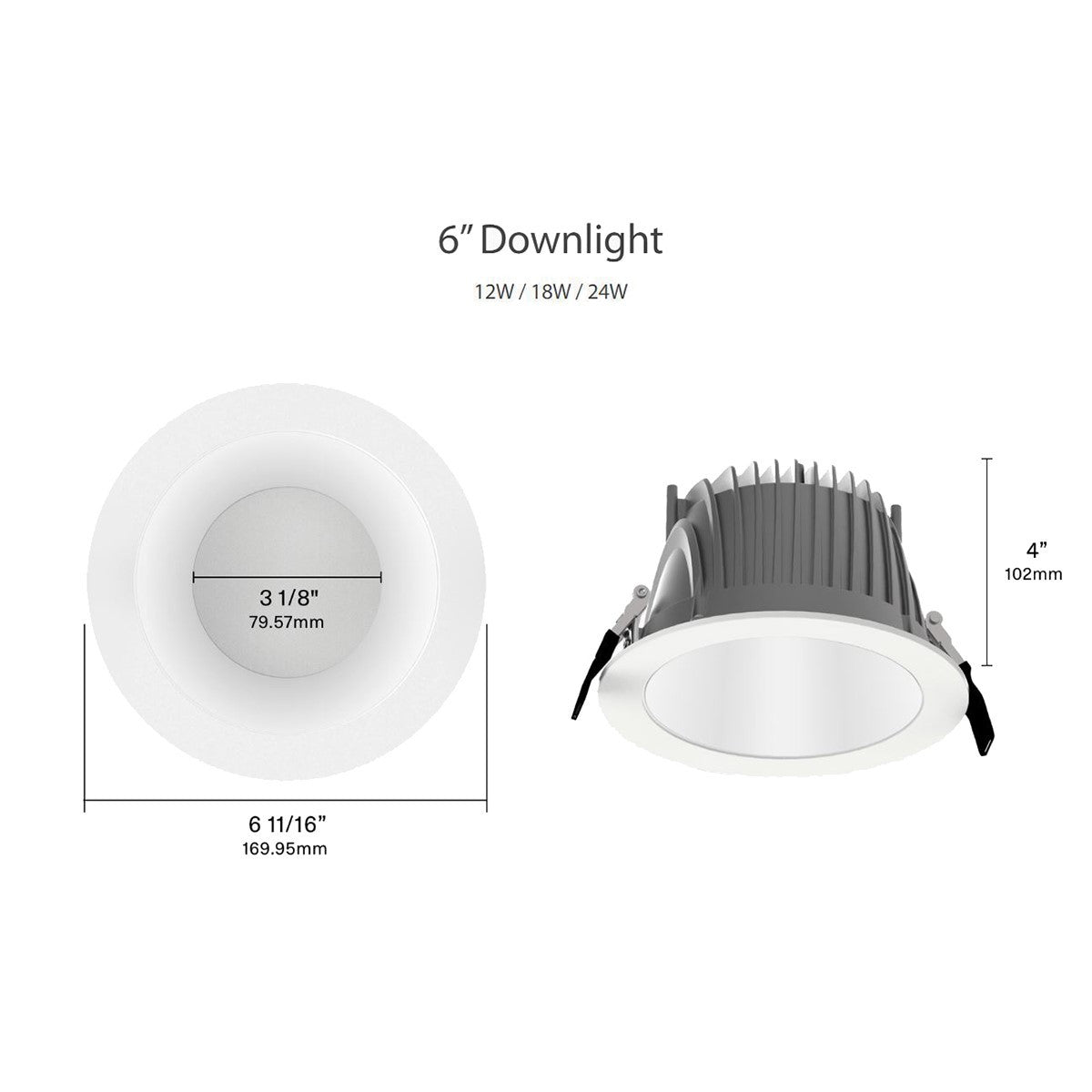 6 Inch LED Deep Regress Commercial Downlight, Field Adjustable 12/18/24W, 1000/1500/2000 Lumens, 30/35/40/50K, Smooth Trim, White Finish