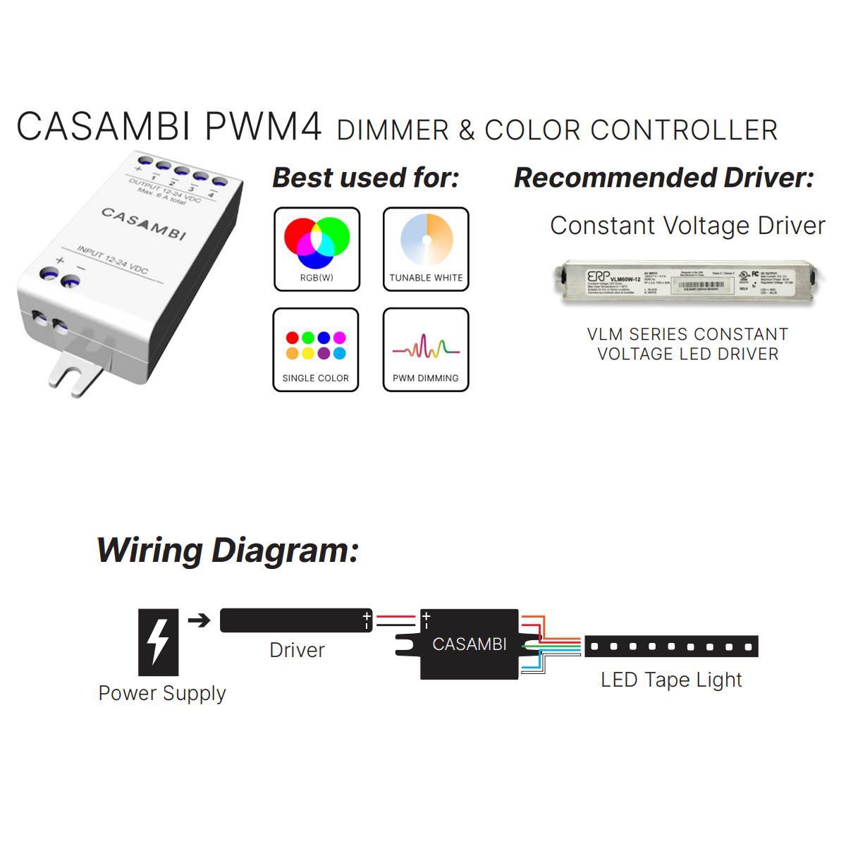 Casambi Bluetooth Controllable, 4 channels, PWM Dimmer, 12-24VDC - Bees Lighting