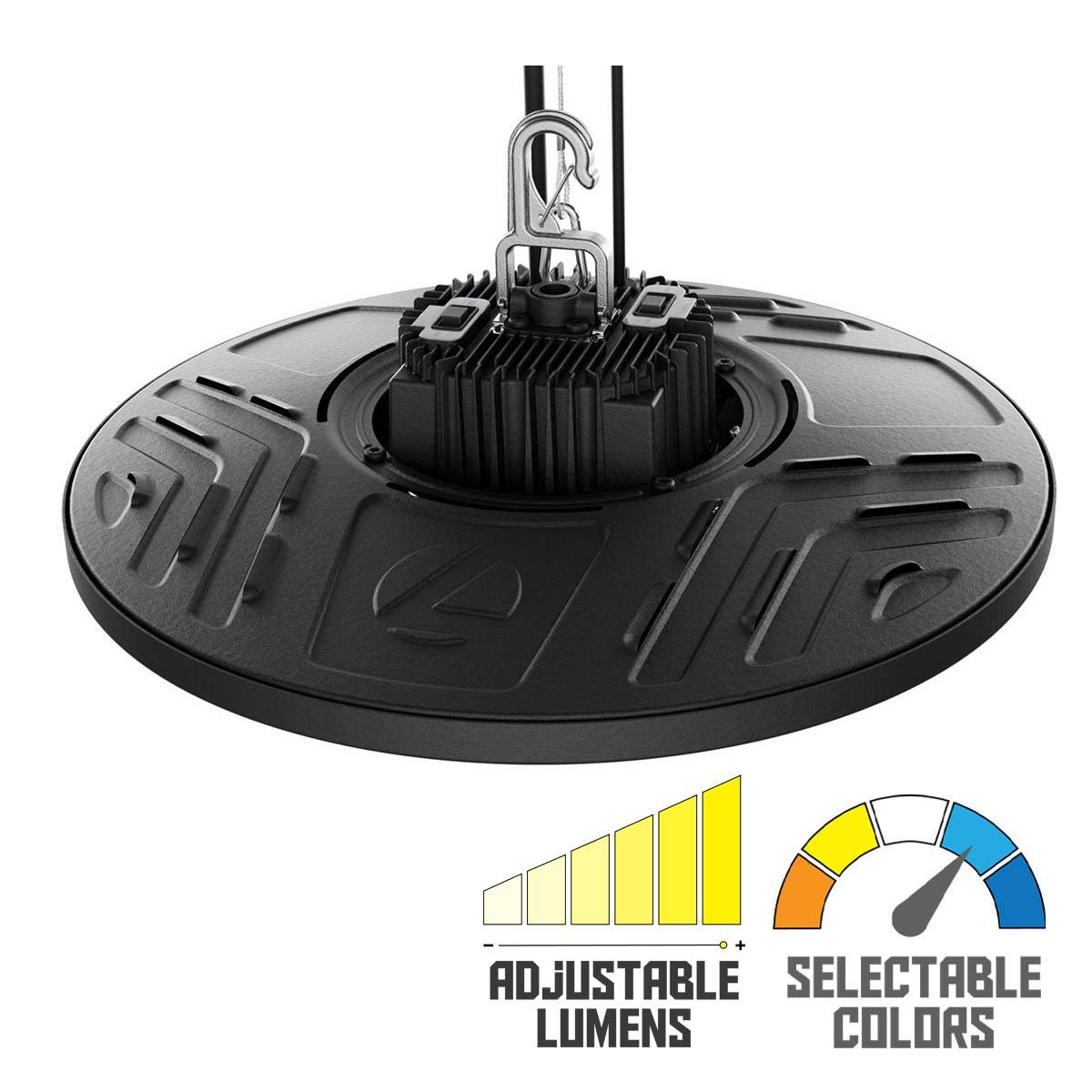 Compact Pro Industrial LED Round High Bay, Selectable 27000 Lumens, 4000K/5000K CCT, 120-347V, Black - Bees Lighting
