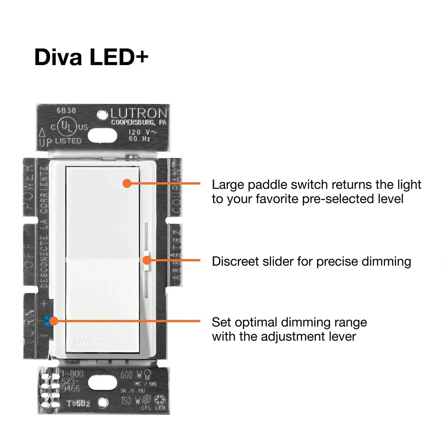 Diva LED+ Dimmer Switch, 150-Watt, Single Pole or 3-Way, White - Bees Lighting