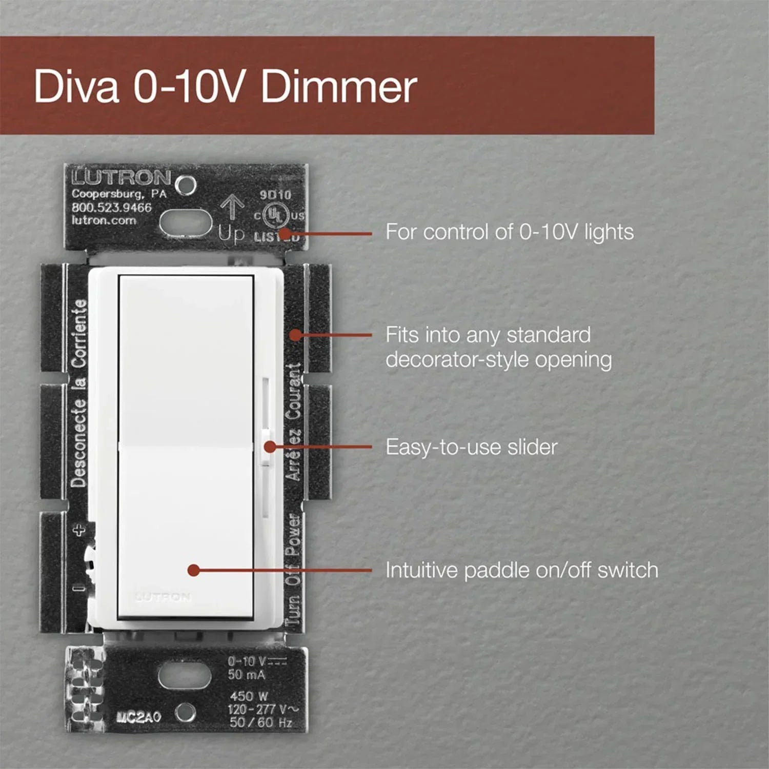 Diva 0-10V LED/Fluorescent Dimmer Switch, 120V-277V, 3.75 Amp, White - Bees Lighting