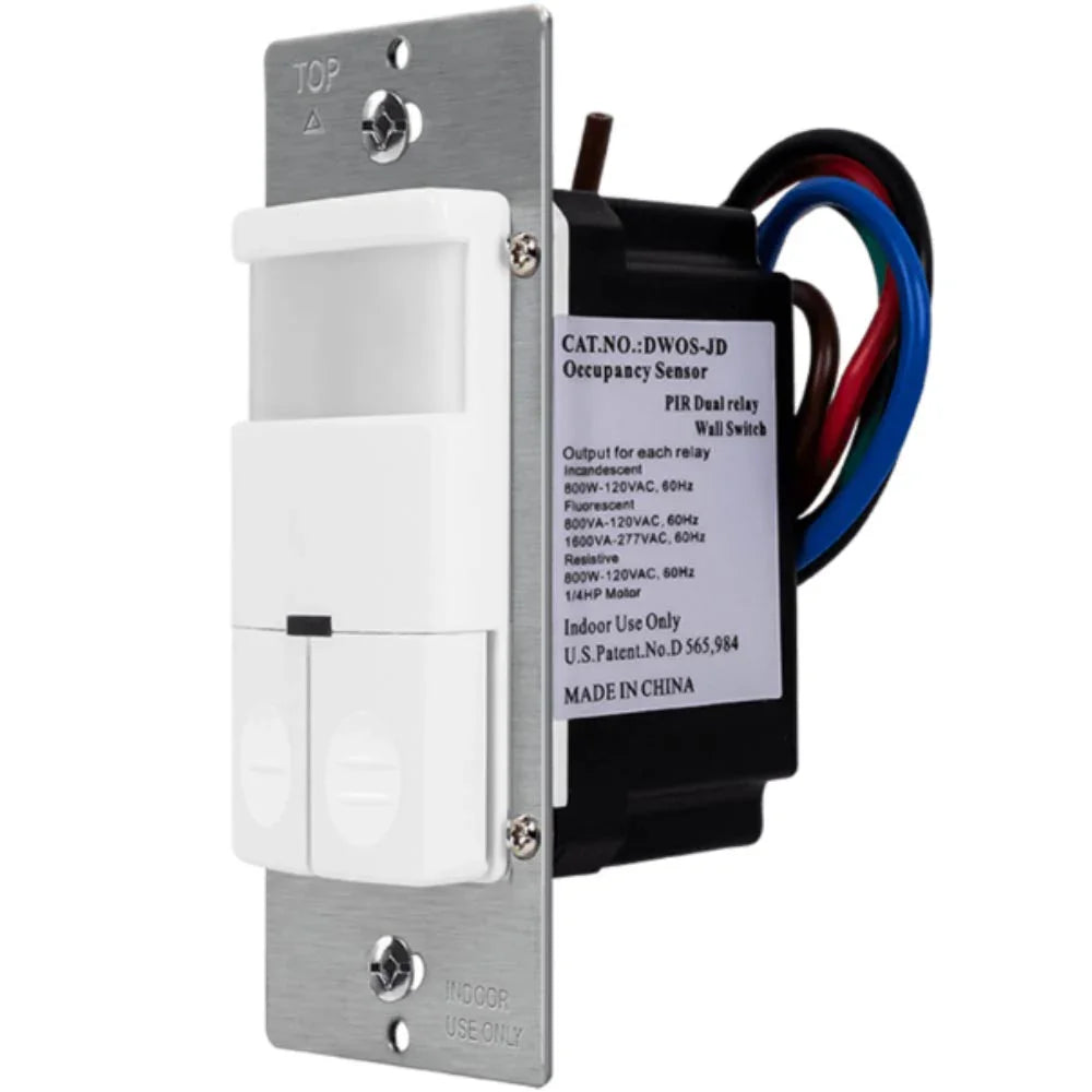 PIR 180° Occupancy|Vacancy Motion Sensor Switch, Dual Relay, 6A, 120-277V, White - Bees Lighting