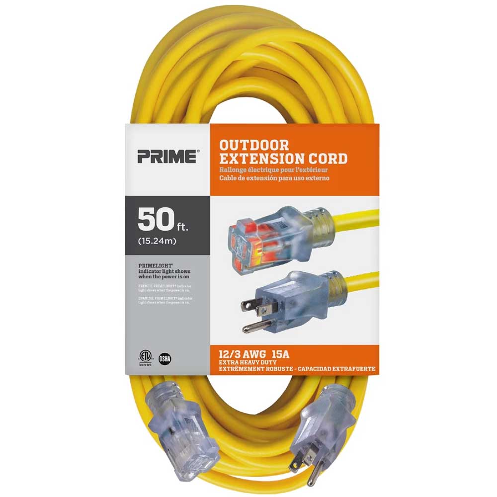 Prime Wire And Cable EC511830 50 ft. Outdoor Heavy Duty Extension Cord -  12/3 Gauge - SJTW - Yellow - Bees Lighting