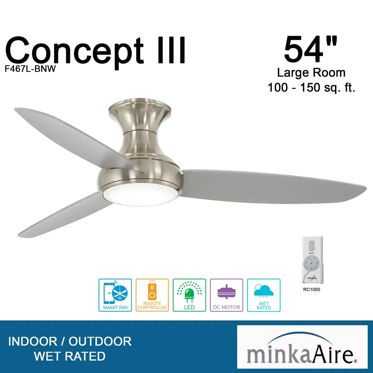Concept III 54" Nickel Outdoor Hugger LED Smart Ceiling Fan - Bees Lighting