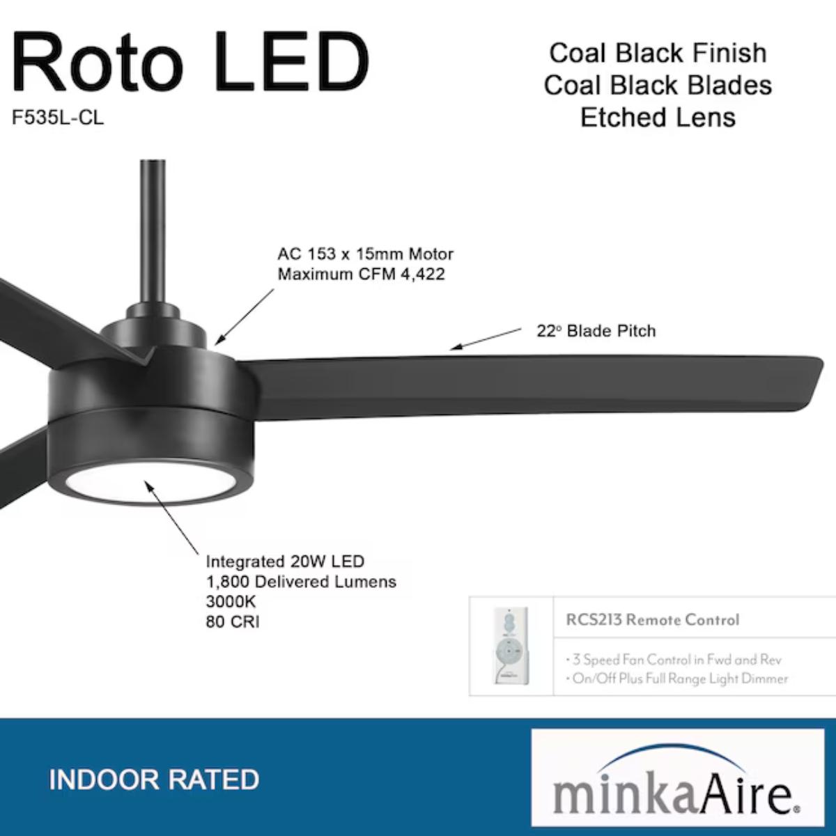 Roto LED 52" Black Coal Ceiling Fan with Etched Lens - Bees Lighting