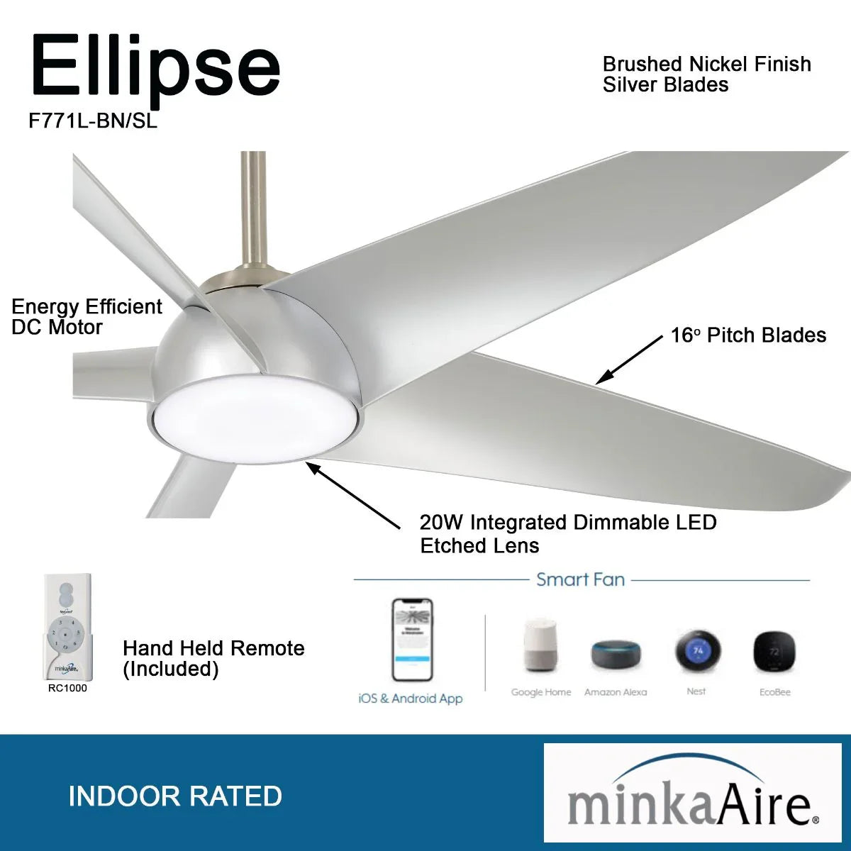 Ellipse LED 60" Silver Smart Ceiling Fan with Light and Remote - Bees Lighting