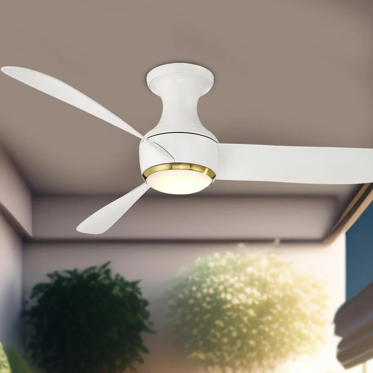 Corona 52 Inch White and Brass 3000K LED Smart Hugger Ceiling Fan - Bees Lighting