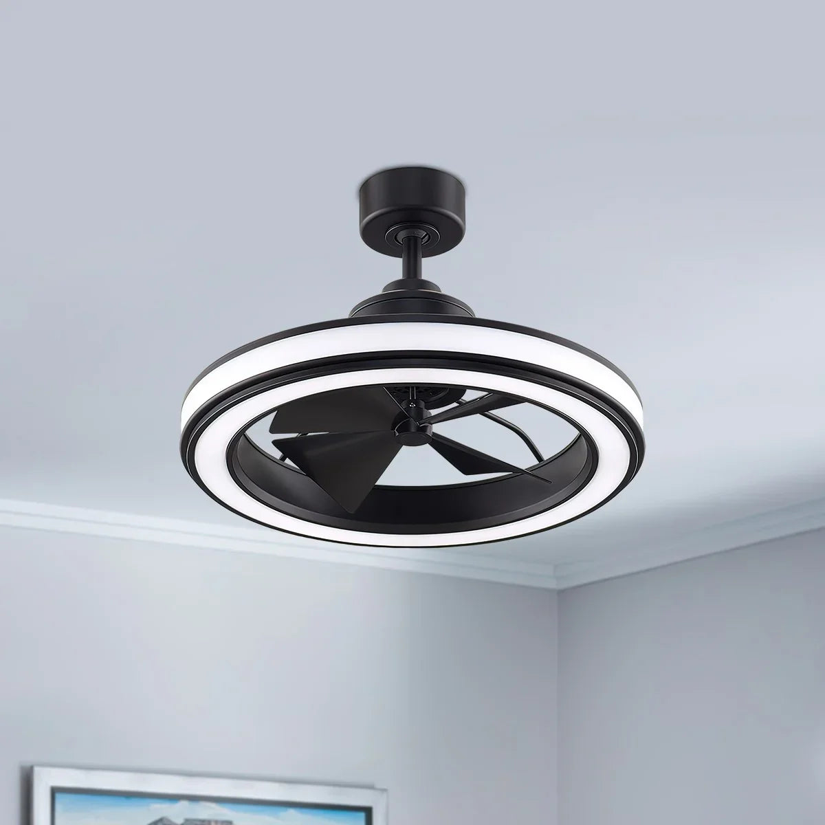 Gleam 24" Black Damp Rated Modern Chandelier Ceiling Fan with Light and Remote - Bees Lighting