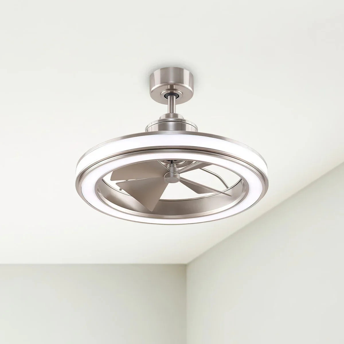 Gleam 24" Brushed Nickel Damp Rated Modern Chandelier Ceiling Fan with Light and Remote - Bees Lighting