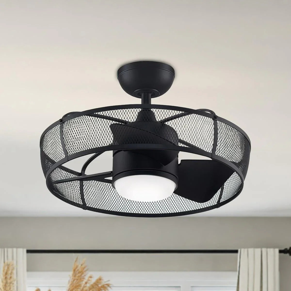 Henry 20 Inch Black Damp Rated Cage Chandelier Ceiling Fan with Light and Remote - Bees Lighting