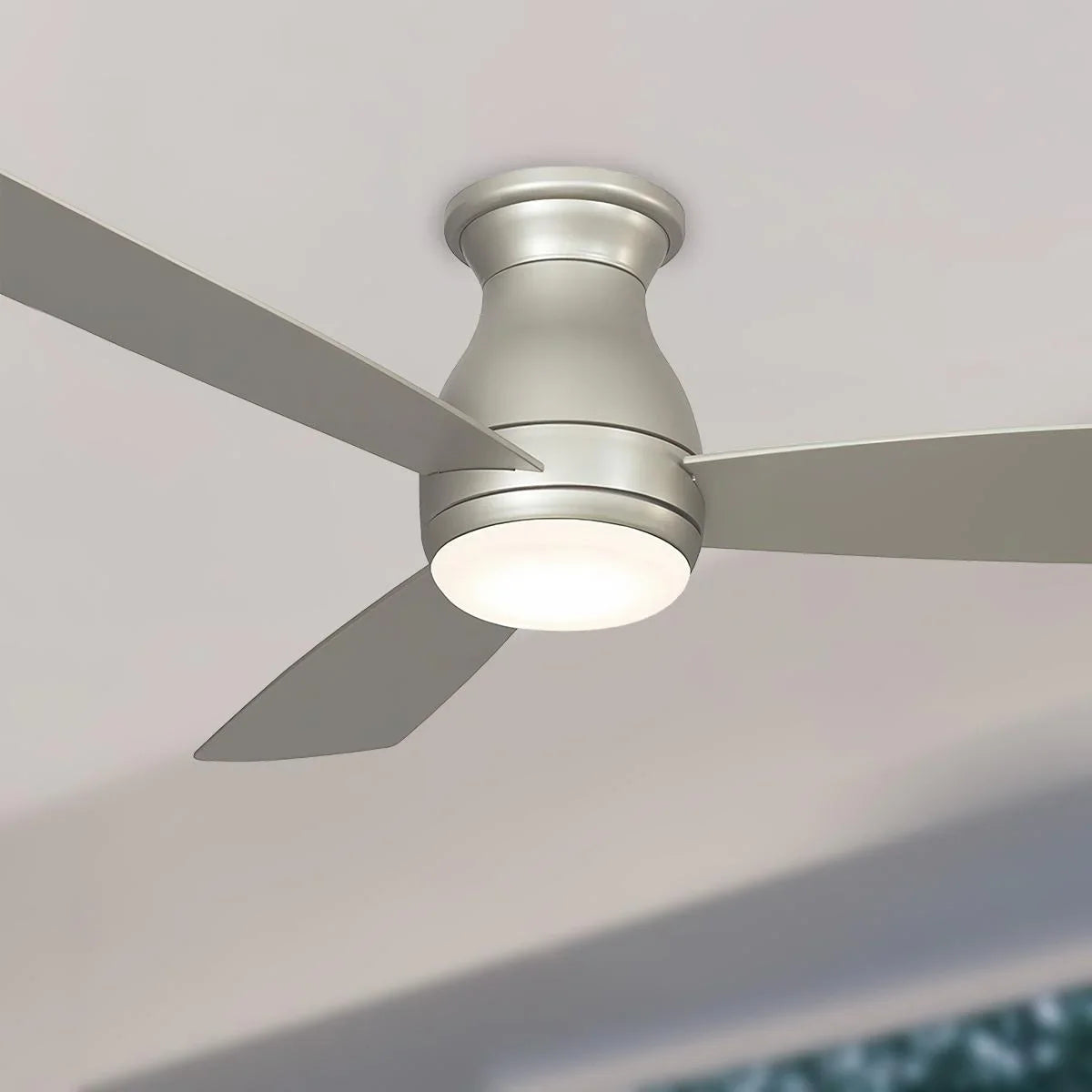 Hugh 44 Inch Brushed Nickel Outdoor LED Hugger Ceiling Fan with Remote - Bees Lighting
