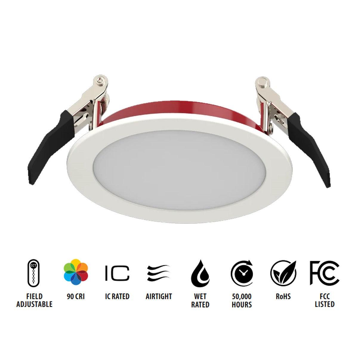 4 In. Edge-Lit Fire Resistant Wafer Canless LED Downlight, 11 Watt, 1000 Lumens, Selectable CCT, 2700K to 5000K, Smooth Trim - Bees Lighting