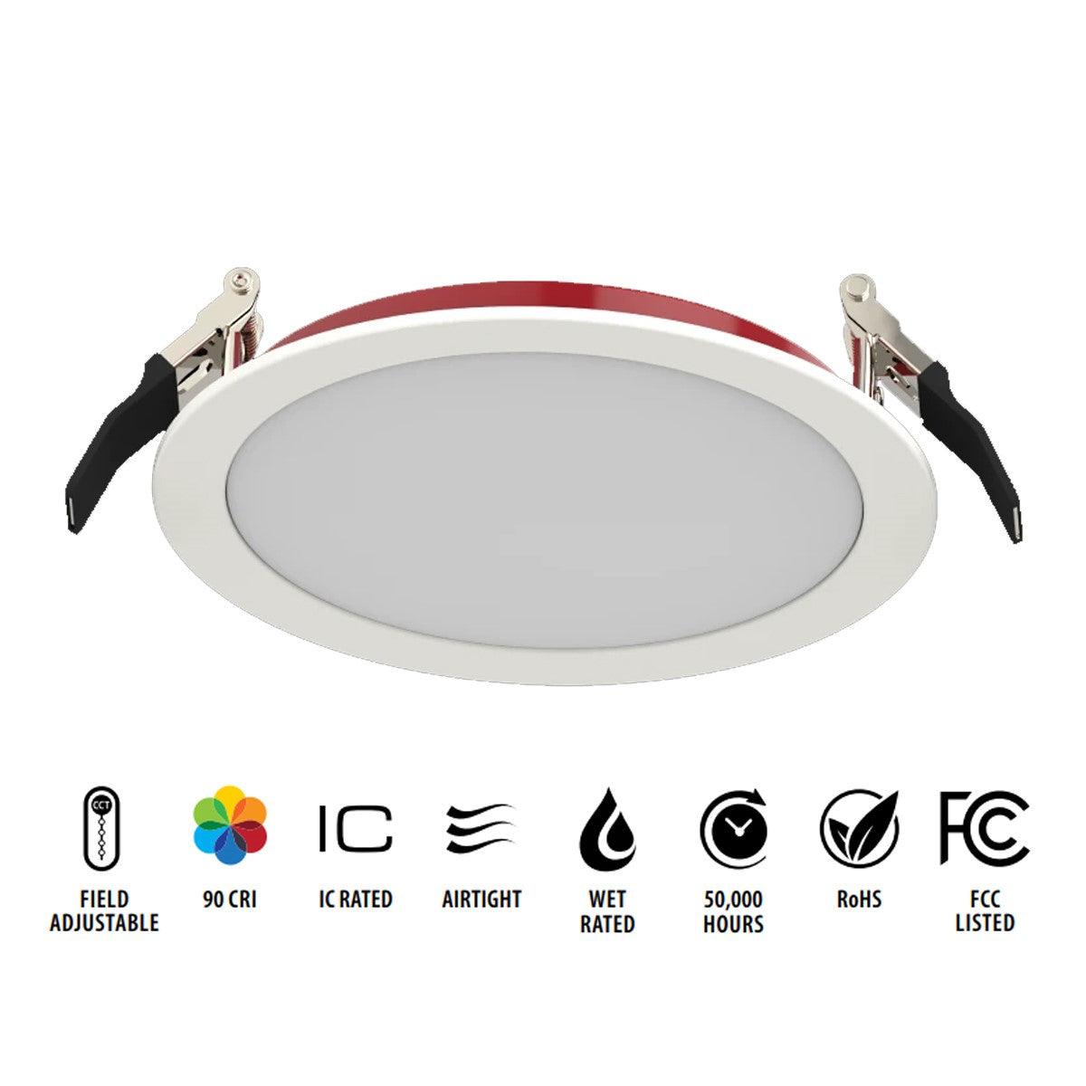 6 In. Edge-Lit Fire Resistant Wafer Canless LED Downlight, 15 Watt, 1400 Lumens, Selectable CCT, 2700K to 5000K, Smooth Trim - Bees Lighting