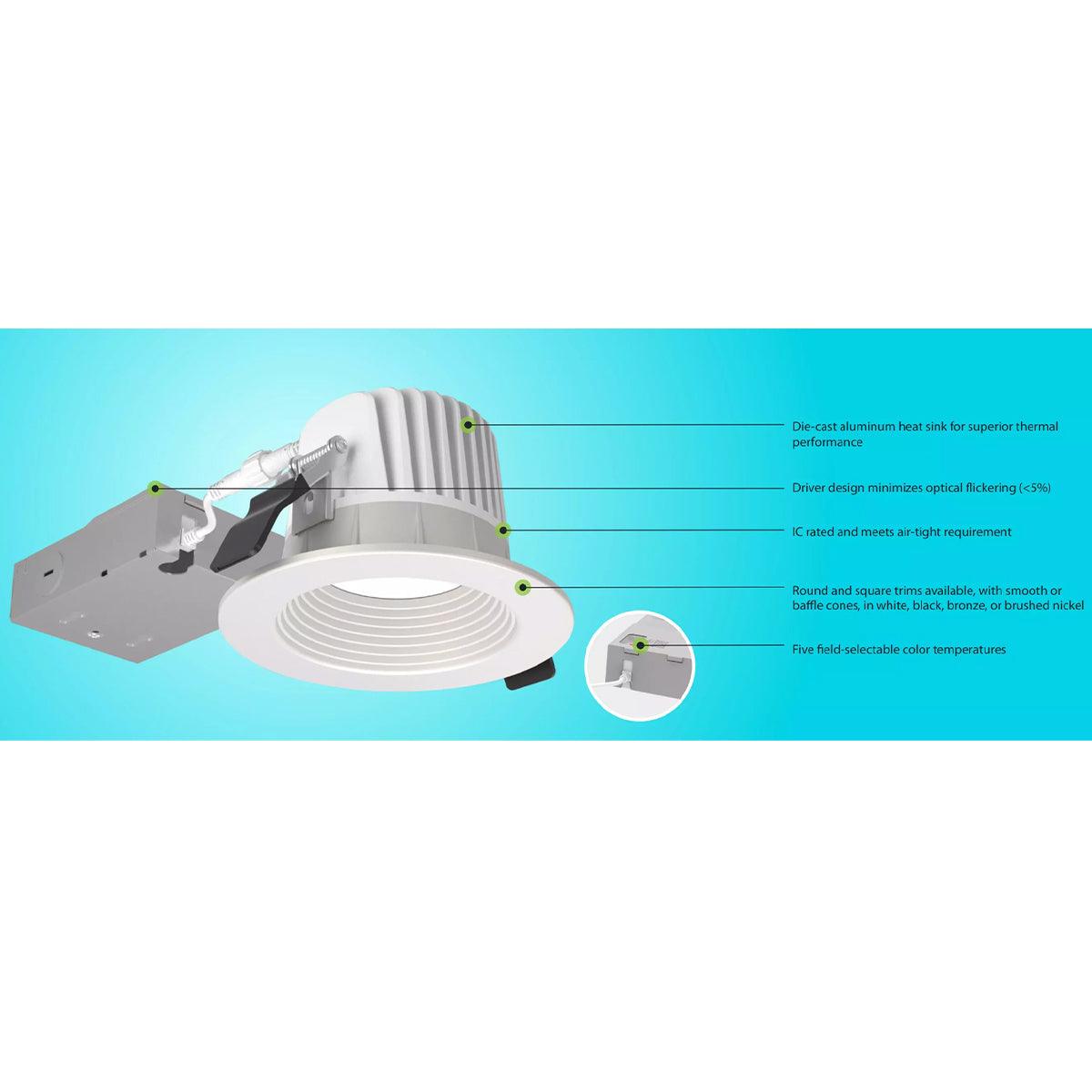 4 Inch HALED Canless LED Recessed Downlight, 12 Watt, 1050 Lumens, Selectable CCT, 2700K to 5000K, 120V