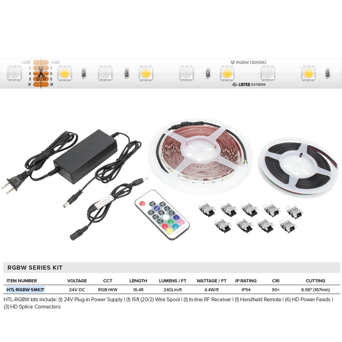 Trulux High Output LED Strip Light Kit with Remote control, 16.4Ft Reel with 24V DC Kit with Plug and Play Connection, RGB + 3000K, 240 Lumens per Ft - Bees Lighting
