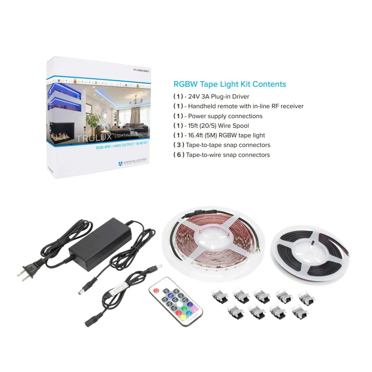 Trulux High Output LED Strip Light Kit, 16.4Ft Reel, RGB + 3000K, 240 Lm/Ft, 24V - Bees Lighting