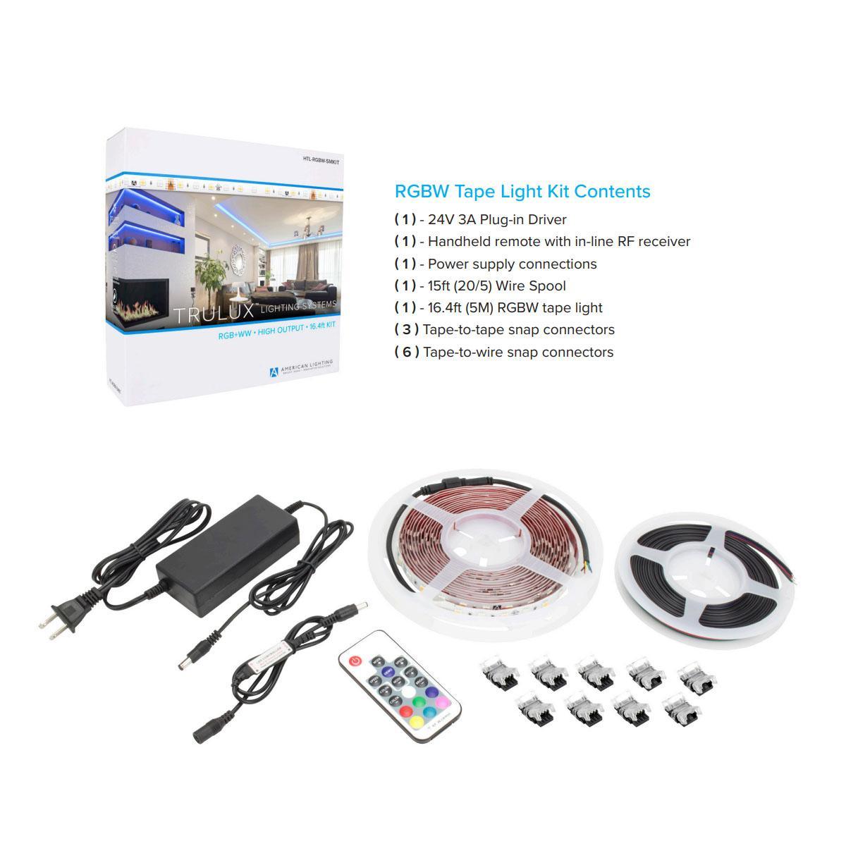 Trulux High Output LED Strip Light Kit with Remote control, 16.4Ft Reel with 24V DC Kit with Plug and Play Connection, RGB + 3000K, 240 Lumens per Ft - Bees Lighting