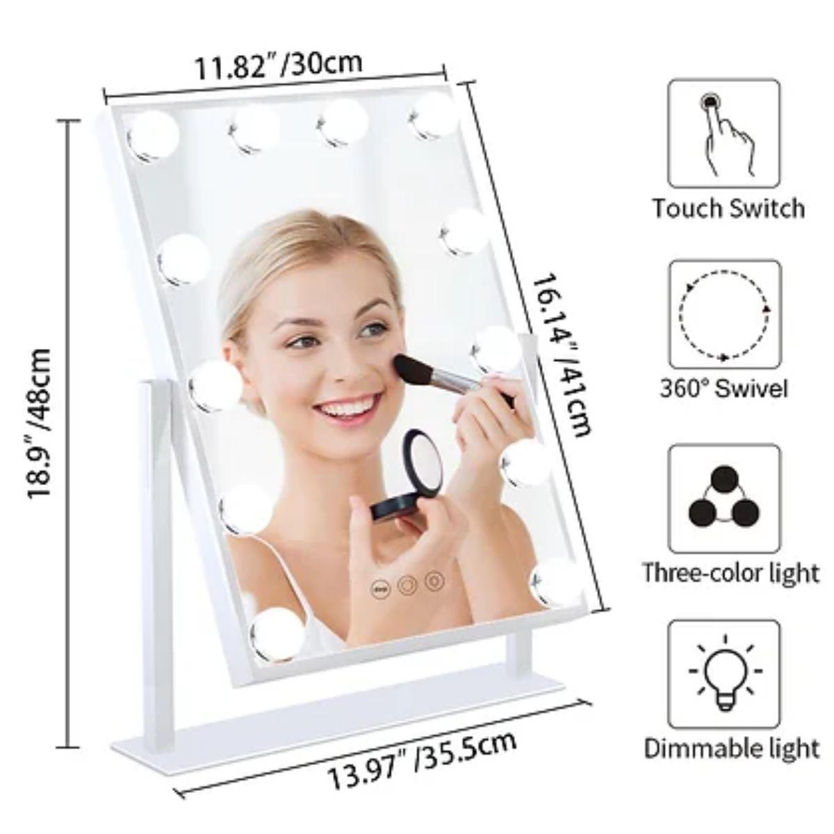 Hollywood 15 In. X 17 In. Tri-Color 12 LED Bulbs Make Up Mirror With Touch On/Off Dimmer Function