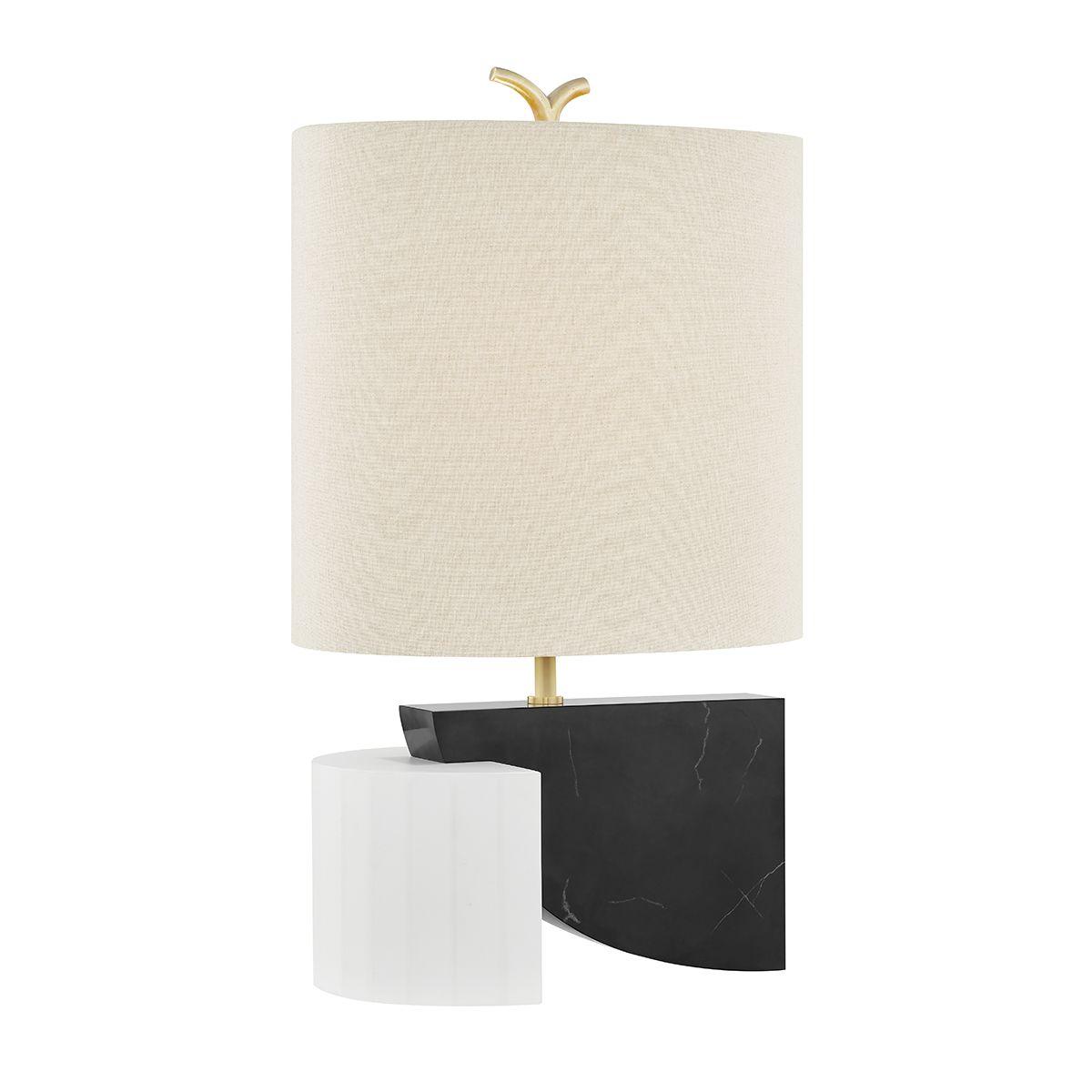Construct Table Lamp Black and Cream Marble with Aged Brass Accents
