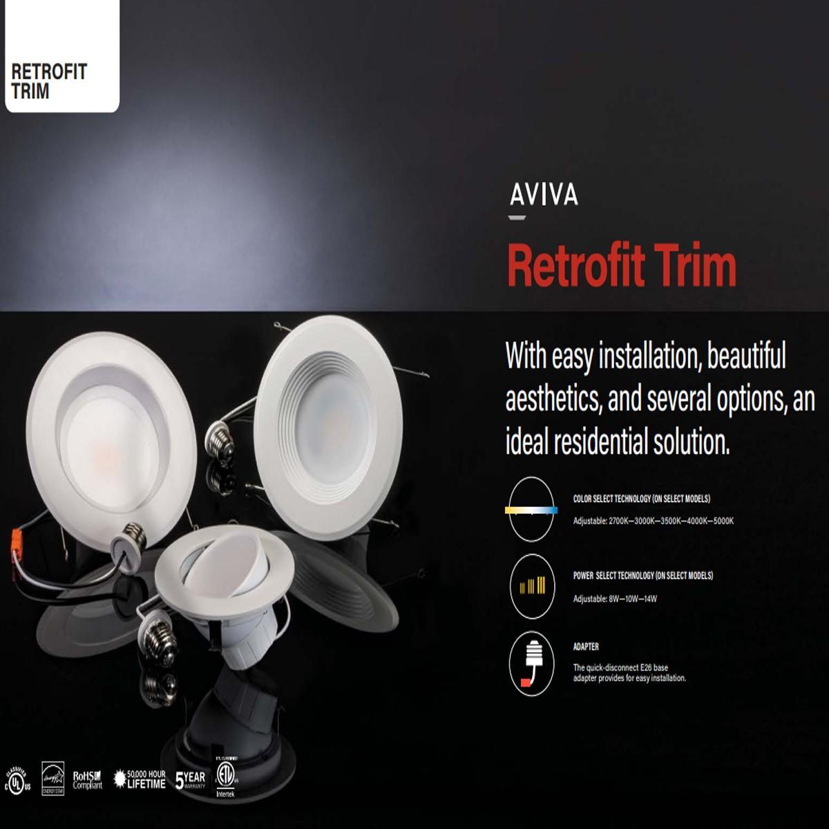 6 In. Aviva Retrofit LED Can Light, Power Select, 1250 Lumens, Selectable CCT, 2700K to 5000K, Baffle Trim - Bees Lighting
