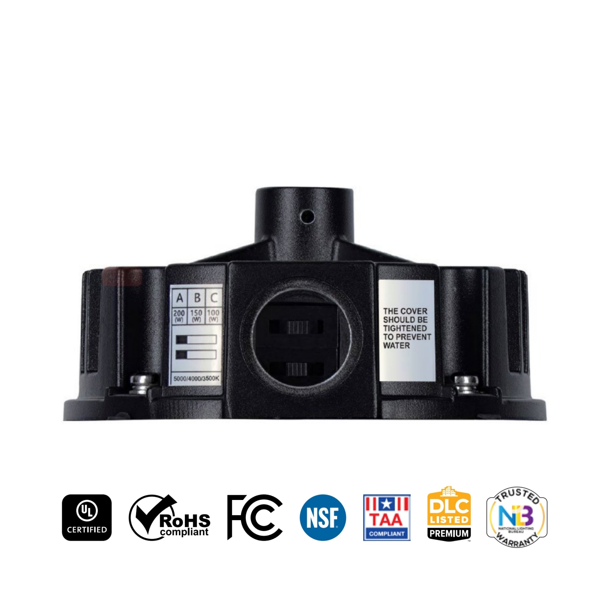 UFO High Bay Light, 200W, 30000 Lumens, 35K/40K/50K, 120-347V, Black