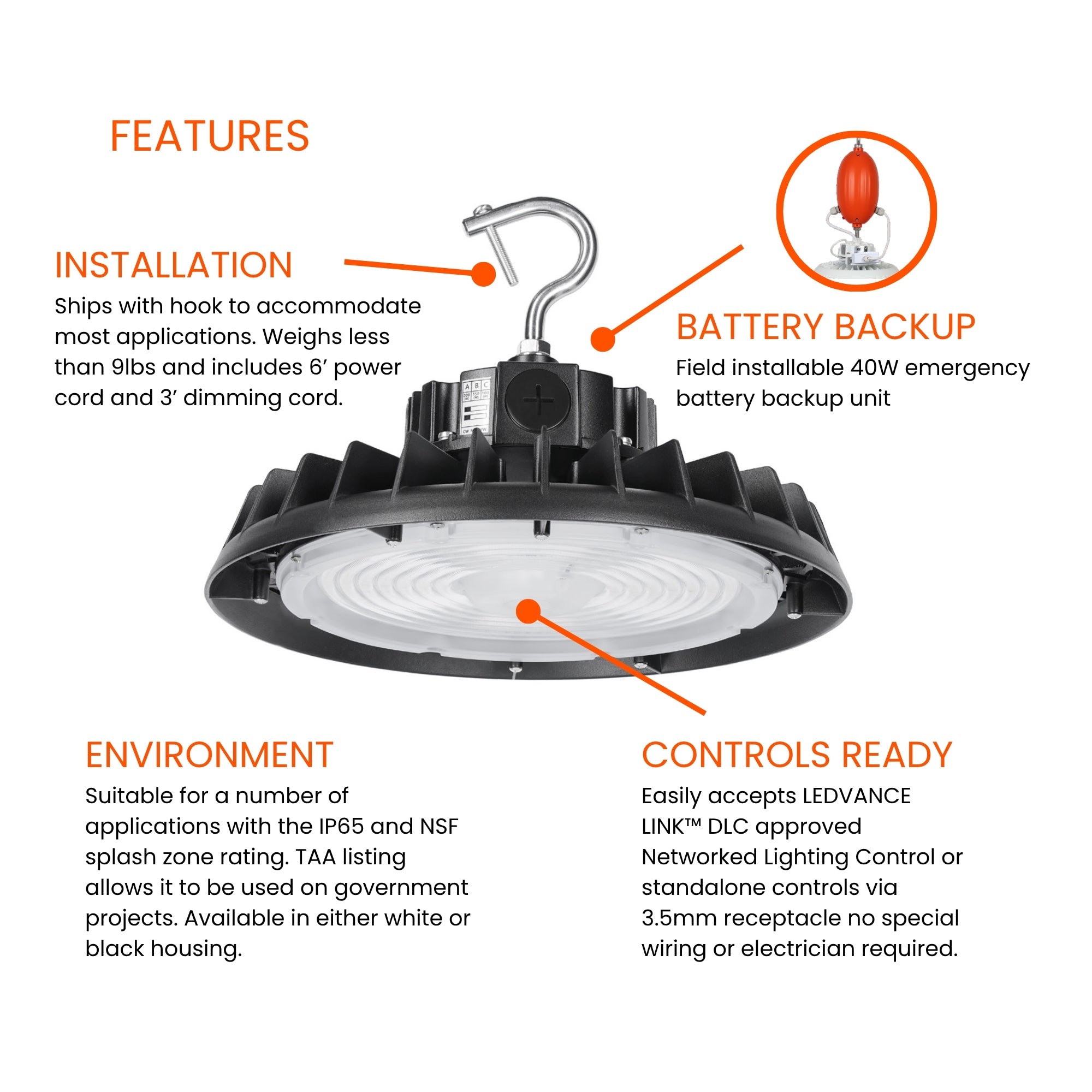 UFO High Bay Light, 200W, 30000 Lumens, 35K/40K/50K, 120-347V, Black