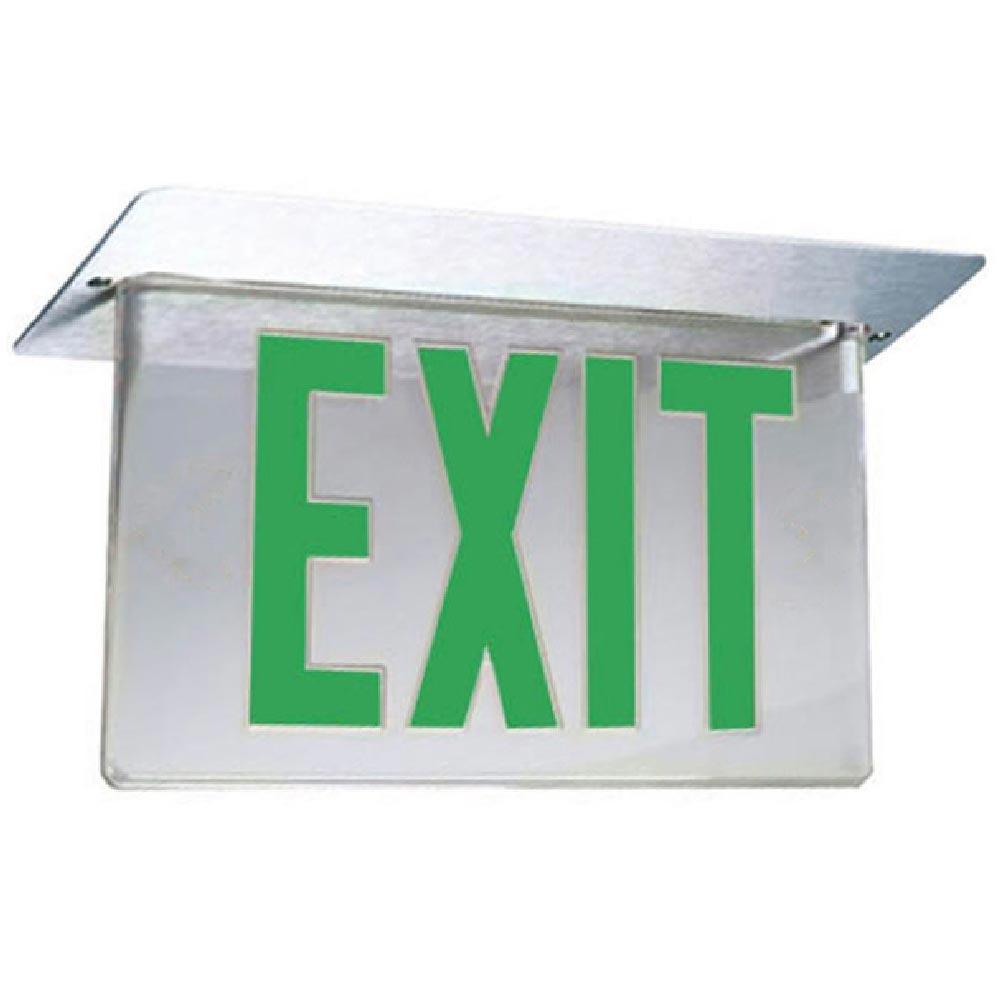 LED Exit Sign, Double face with Green Letters, Mirror Panel, Battery Backup Included, Top Mount