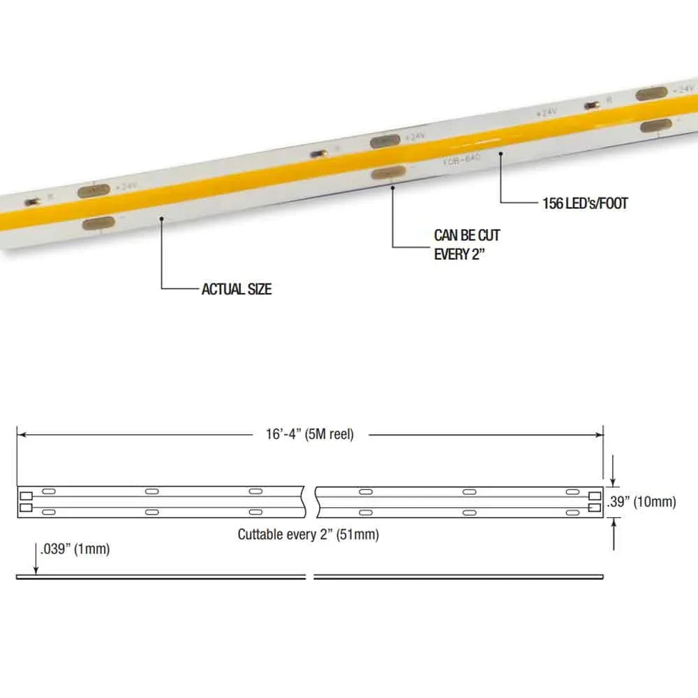 LTR-S Spec COB LED Strip Light, 16Ft Reel, 3000K, 265 Lm/Ft, 24V - Bees Lighting
