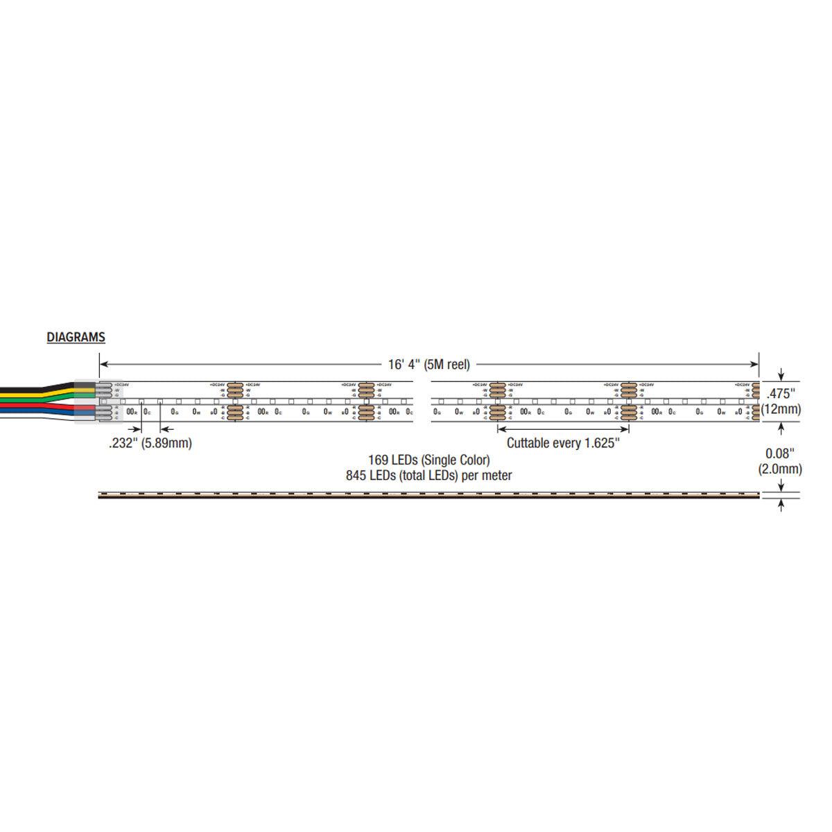 LTR-S Spec COB LED Strip Light, 16Ft Reel, RGB+ Tunable White 2700K to 6000K, 5.0 watts per Ft, 24V