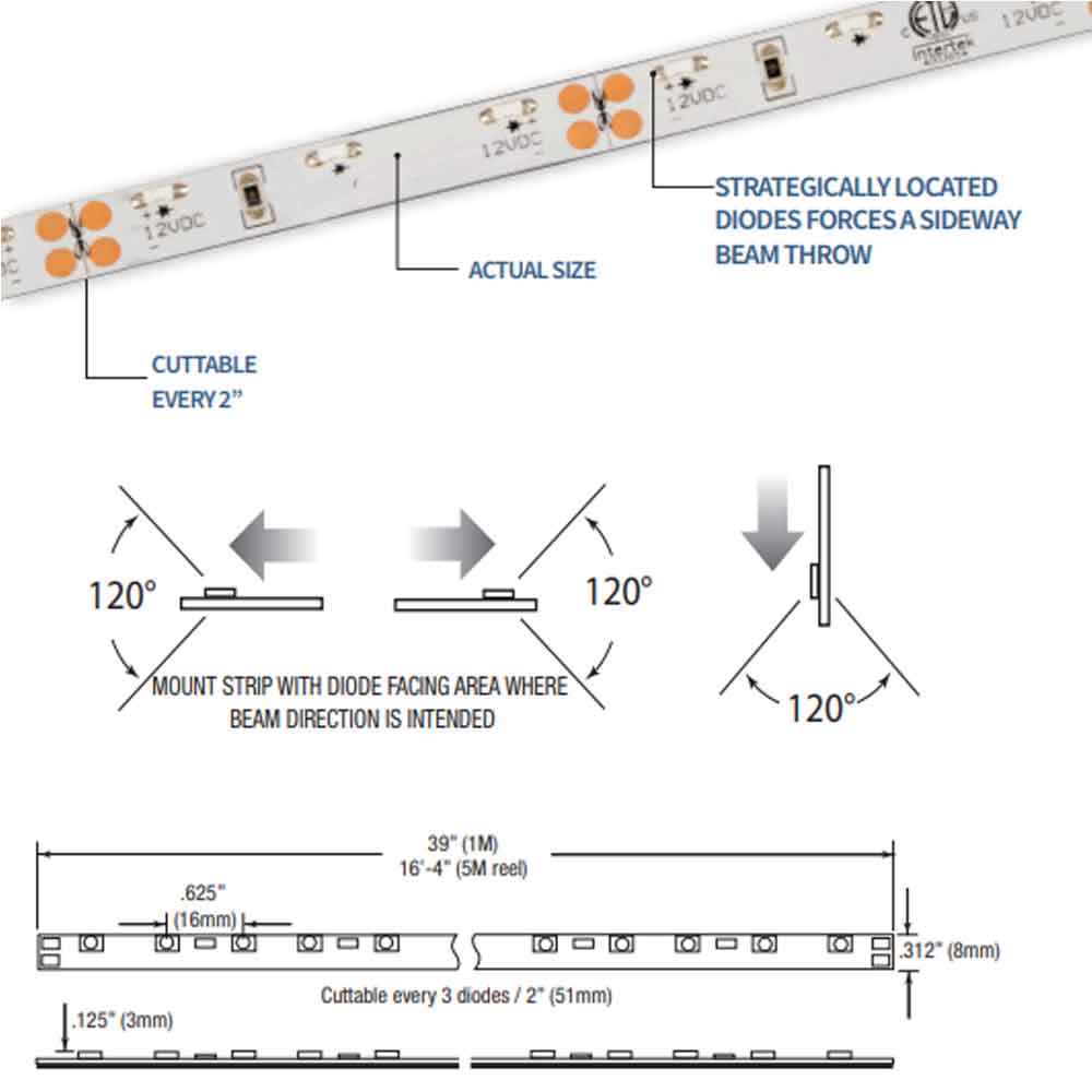 LTR-S Spec Side-View LED Strip Light, 16Ft Reel, 2700K, 104 Lm/Ft, 12V - Bees Lighting