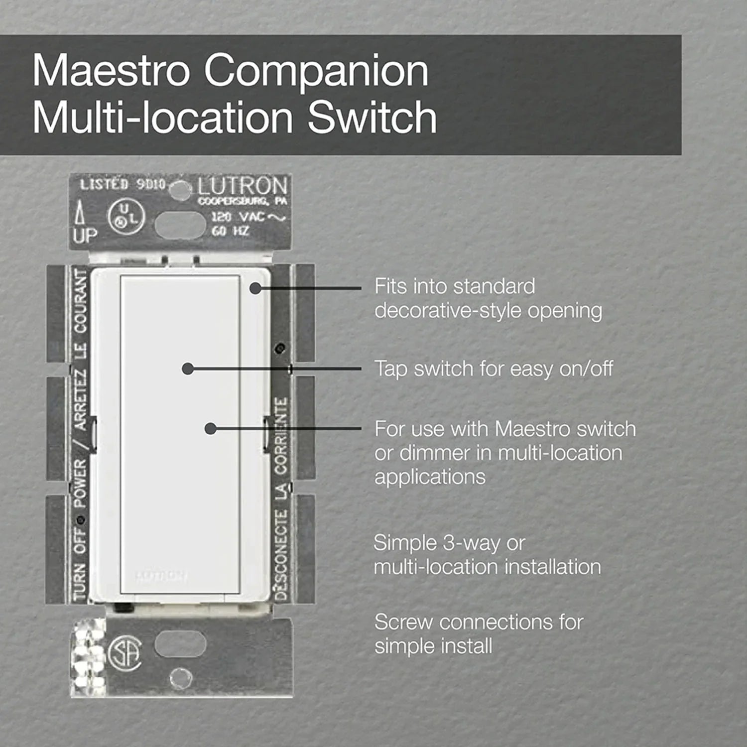 Lutron Maestro Multi-Location Companion Switch, Not for Standalone Use, White - Bees Lighting